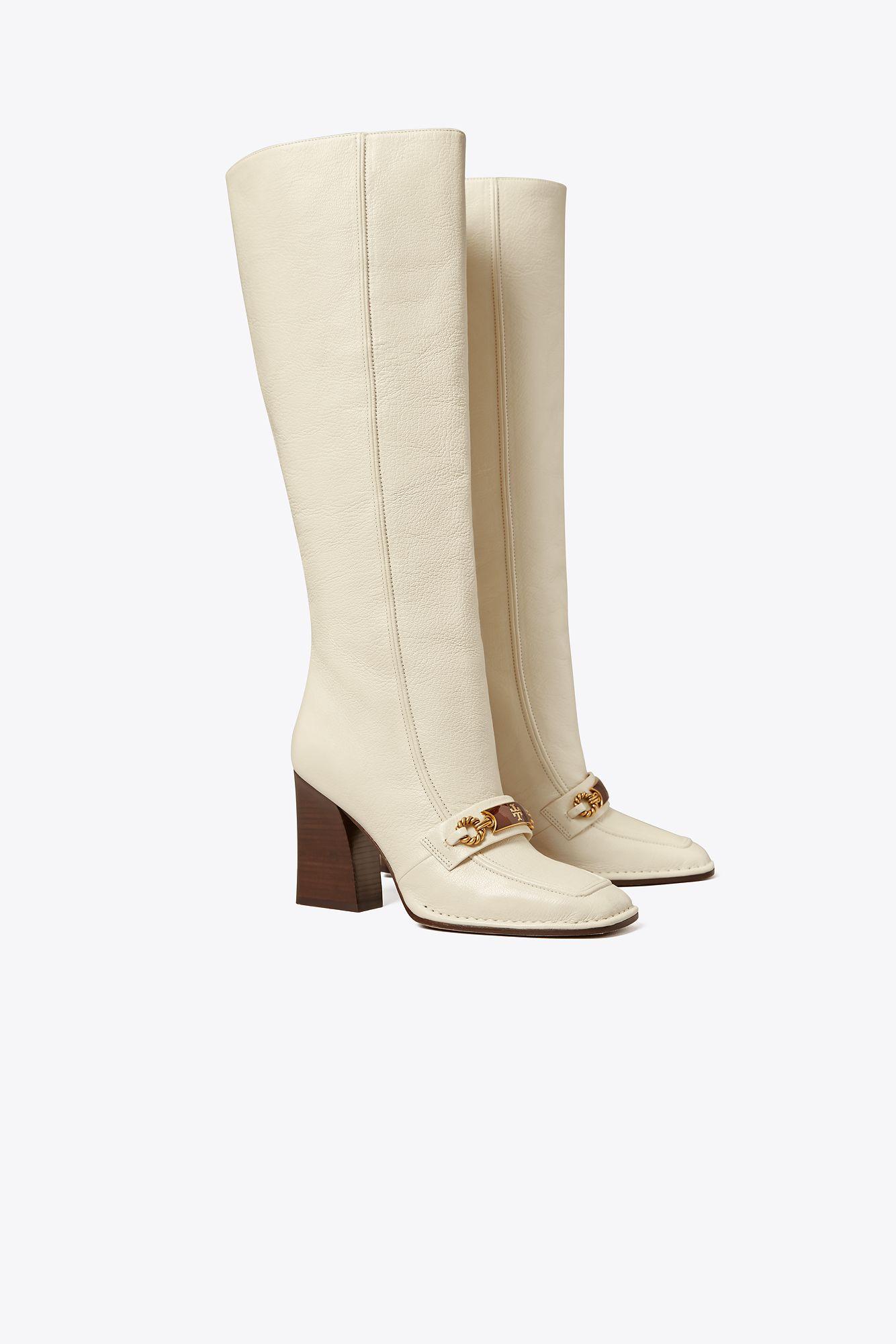 Tory Burch Vintage Plaque Tall Heel Boot in White | Lyst