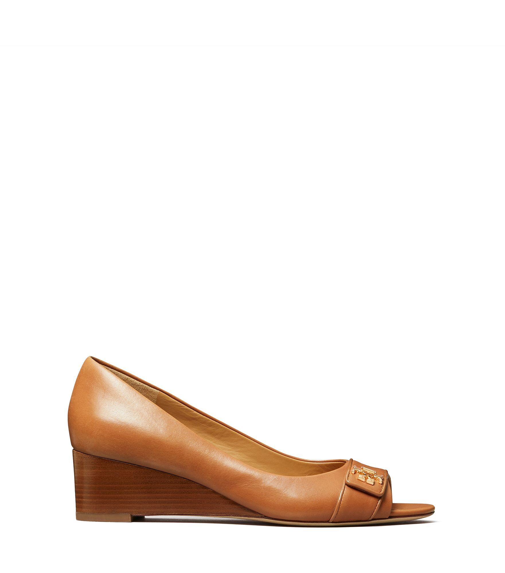 Tory Burch Kira Open-toe Leather Wedge Pumps in Brown | Lyst
