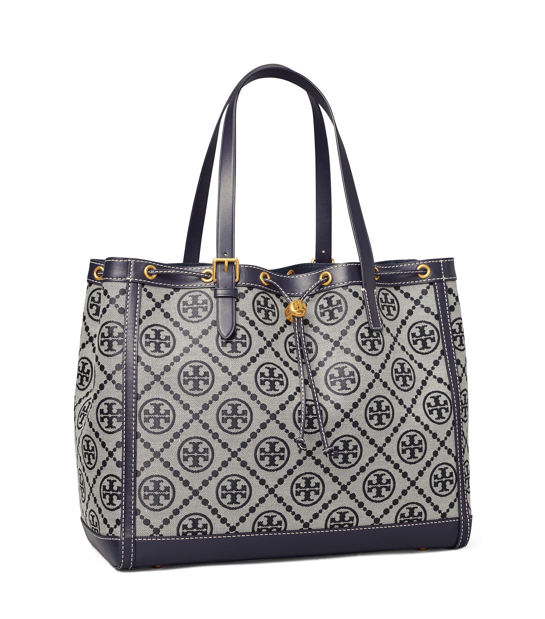 Tory Burch Leather T Monogram Jacquard Tote Bag in Navy Blue (Blue 