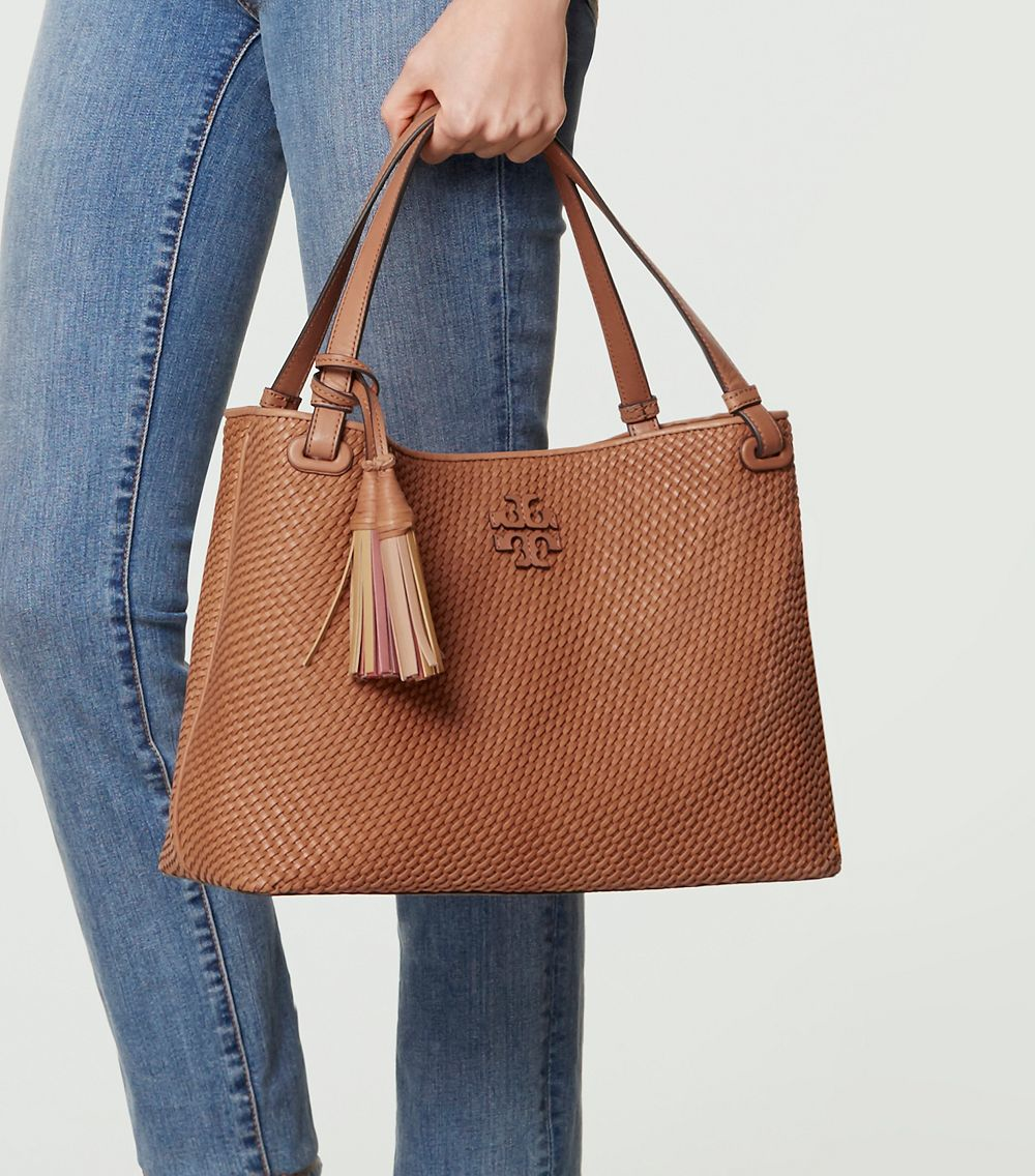 Tory Burch Thea Woven-leather Center-zip Tote in Brown | Lyst Canada