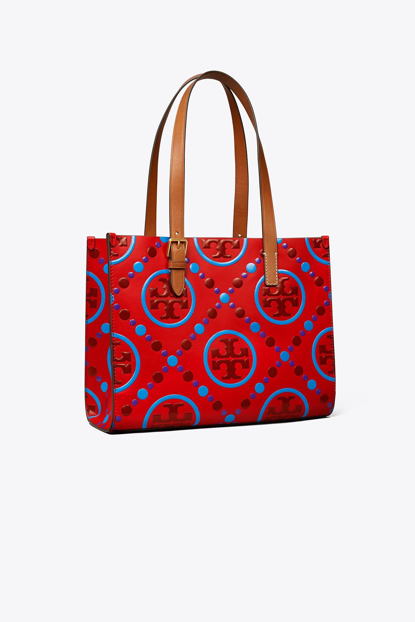 Tory Burch Small T Monogram Contrast Embossed Tote in Red