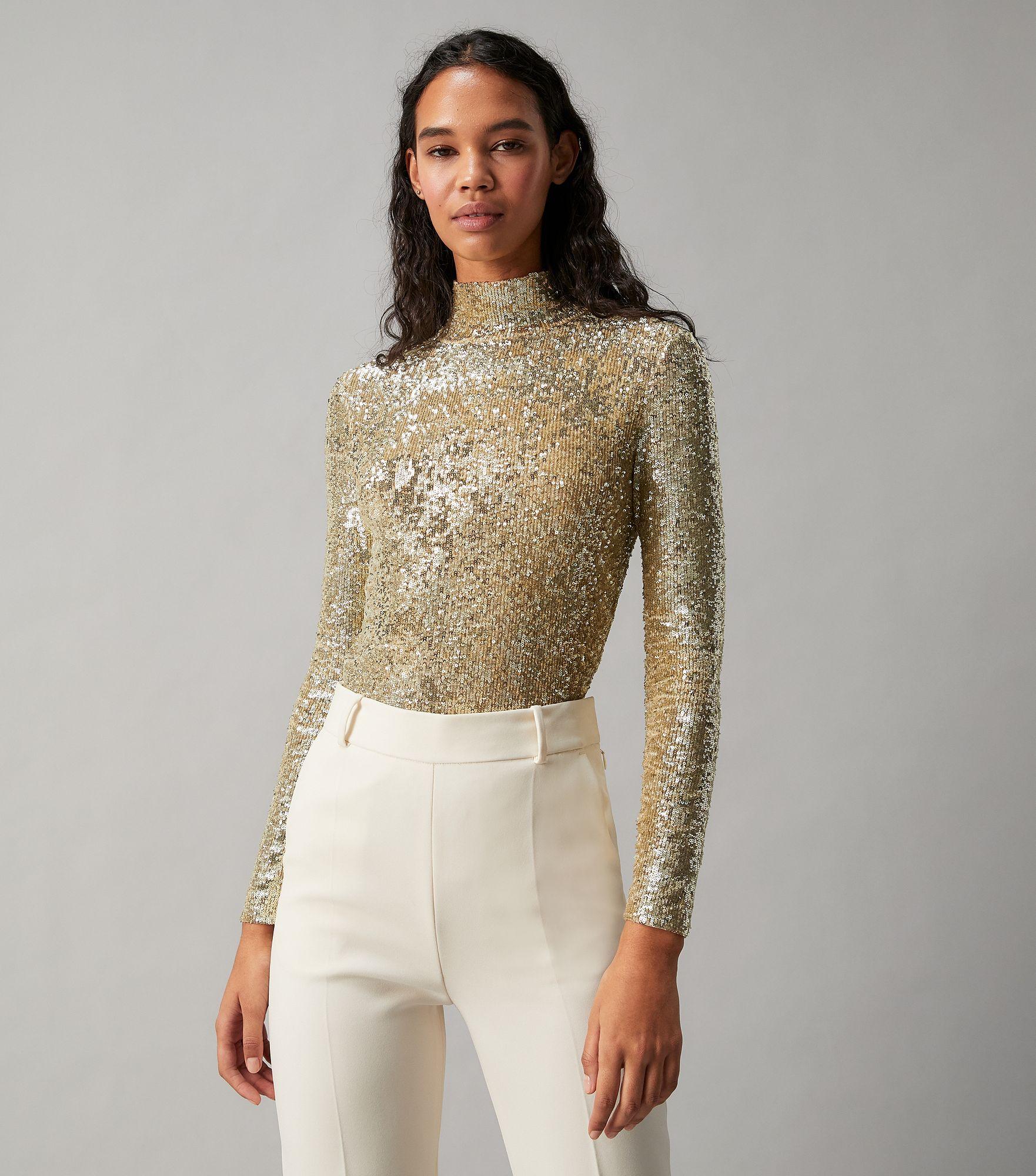 formal shimmer winter fashion Gold sparkle turtleneck sweater