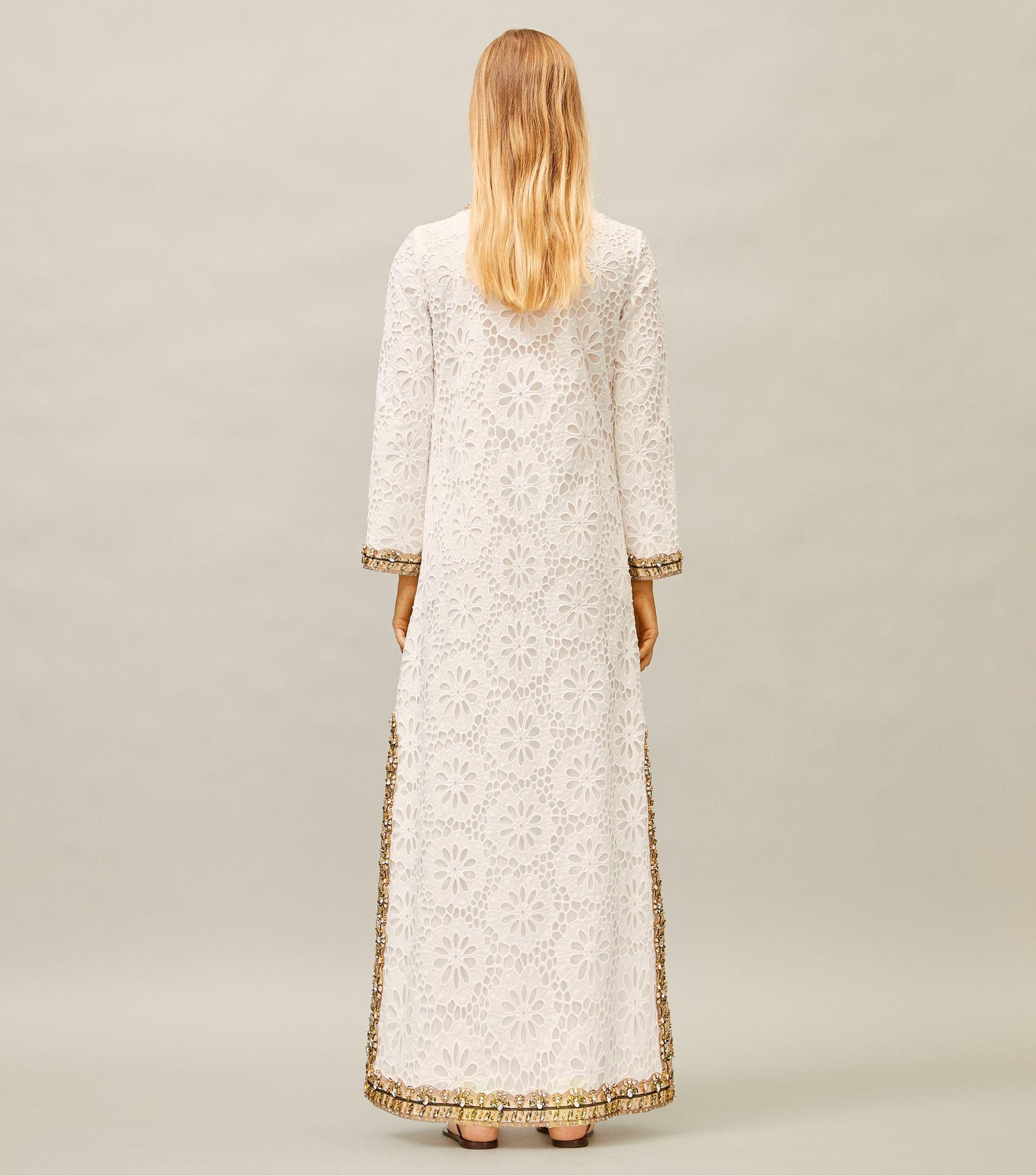 Tory Burch Embellished Lace Caftan Dress in White | Lyst