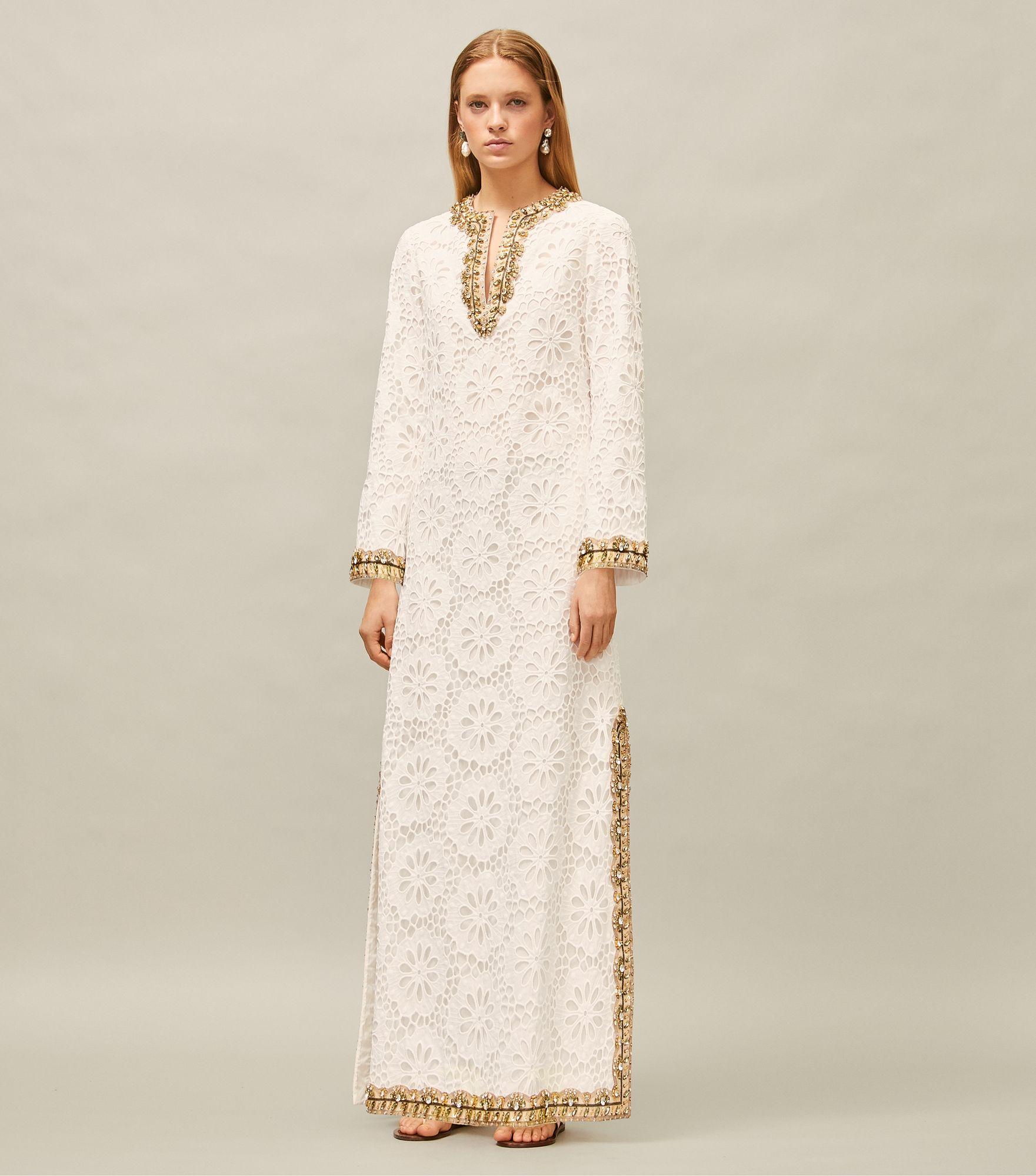 Tory Burch Embellished Lace Caftan Dress in White | Lyst
