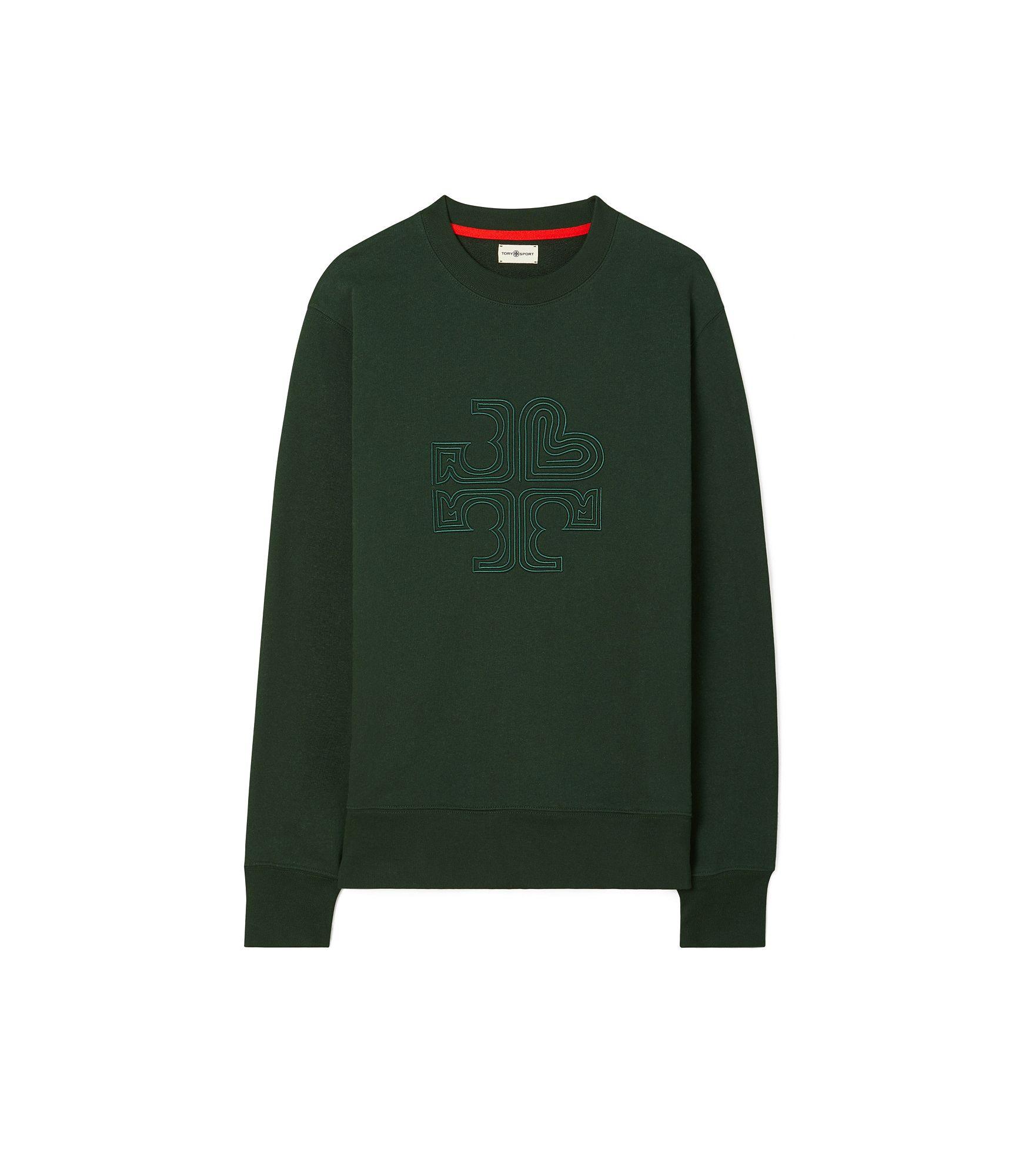 Tory Sport Heavyweight French Terry Heart Logo Crew in Green - Lyst