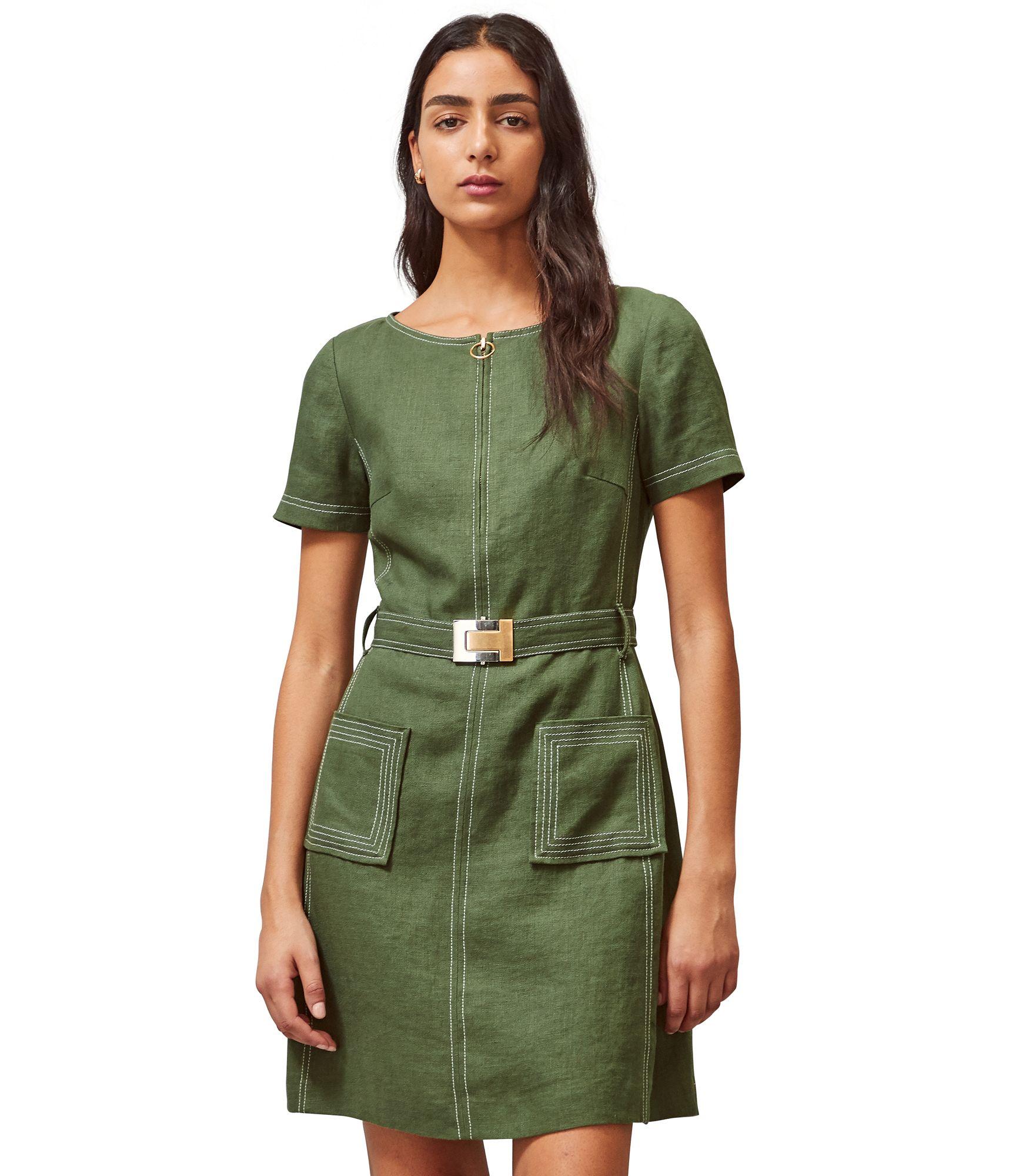 Tory Burch Belted Linen Dress in Green | Lyst
