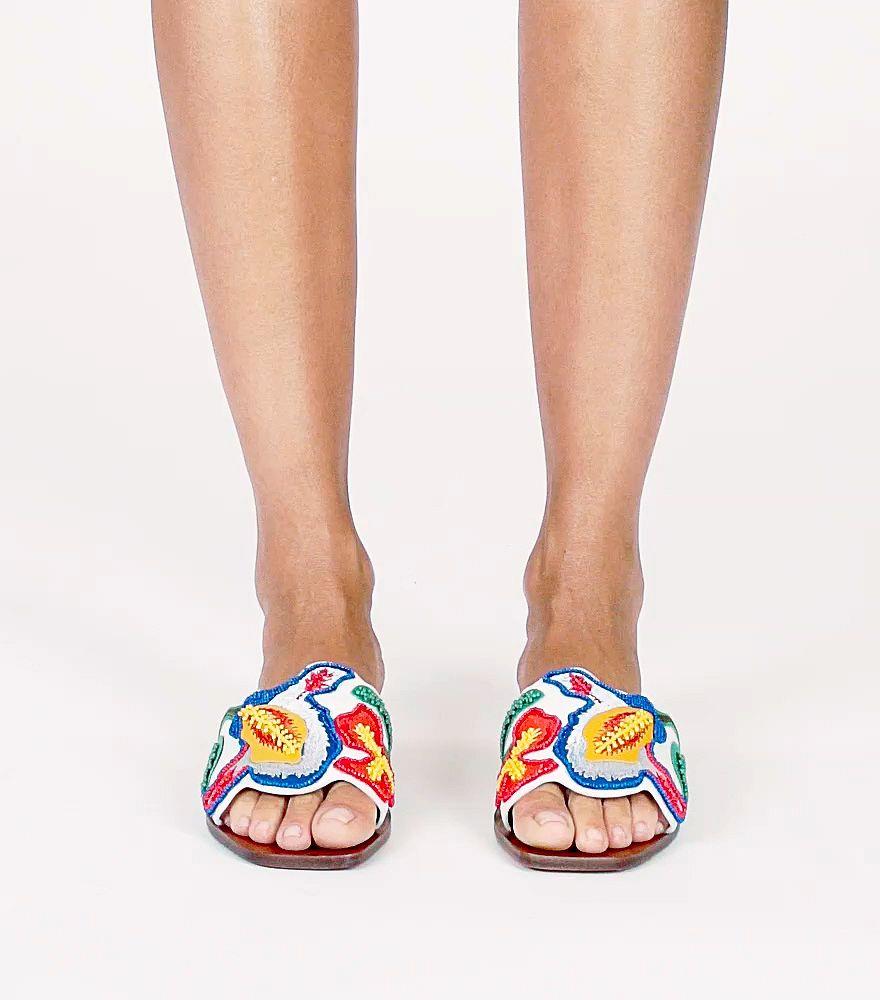 Tory Burch Multicolor Beads Embroidered Leather Bianca Slides Size 39 | Lyst