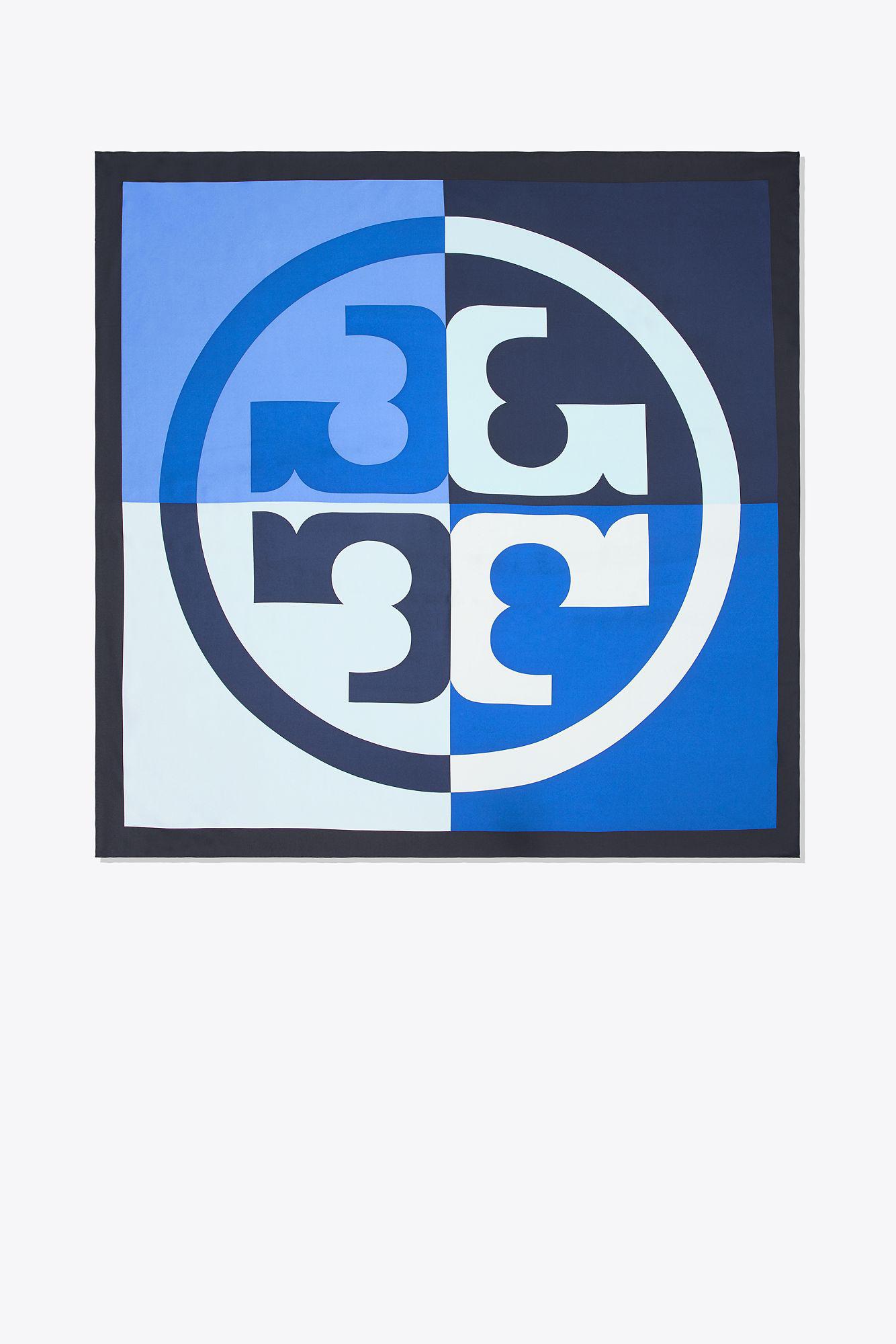 Tory Burch Color-block Logo Silk Square Scarf in Blue