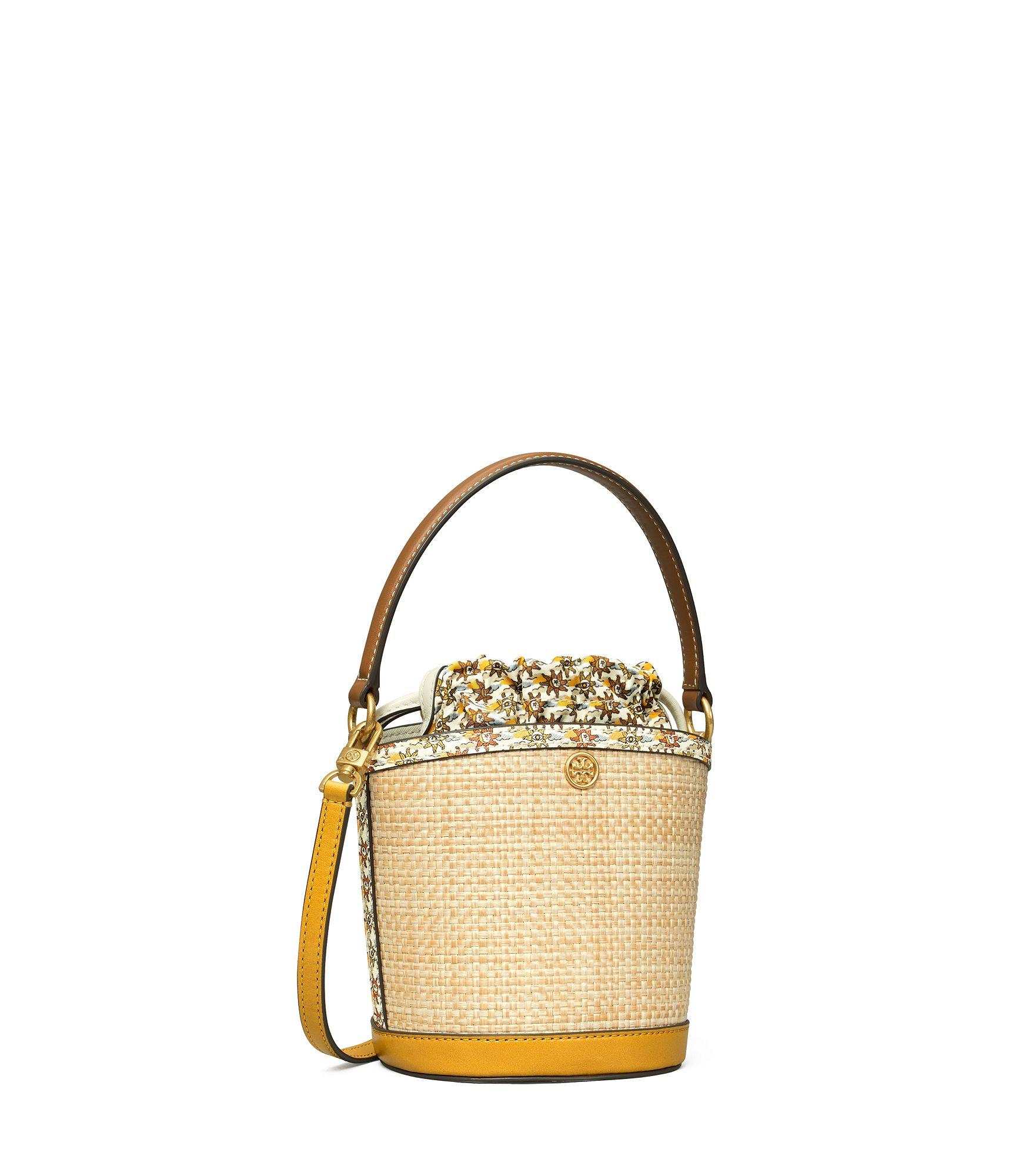 Tory Burch Mini Fleming Straw & Leather Bucket Bag in Natural