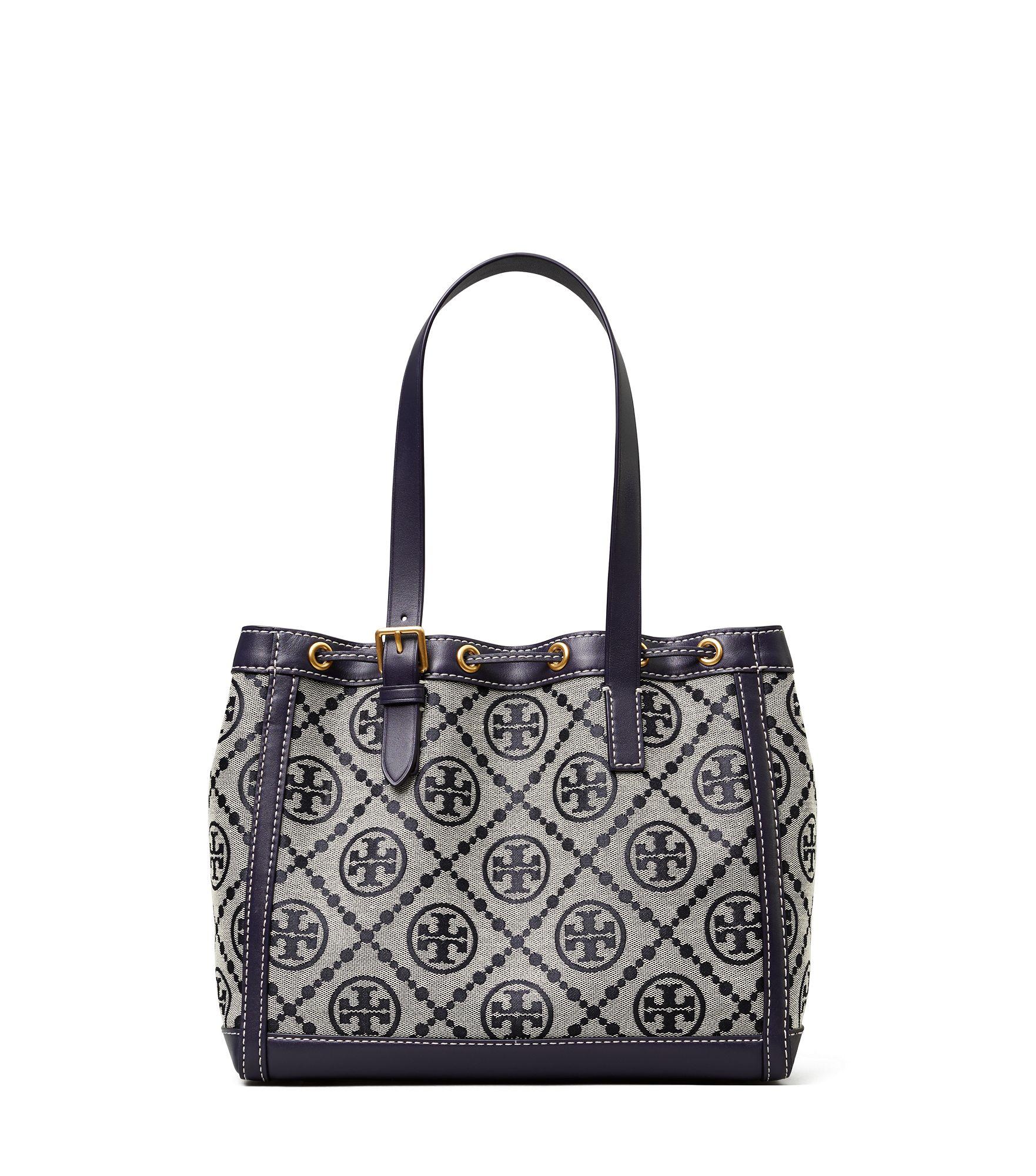 Tory Burch Leather T Monogram Jacquard Small Tote Bag in Navy Blue ...