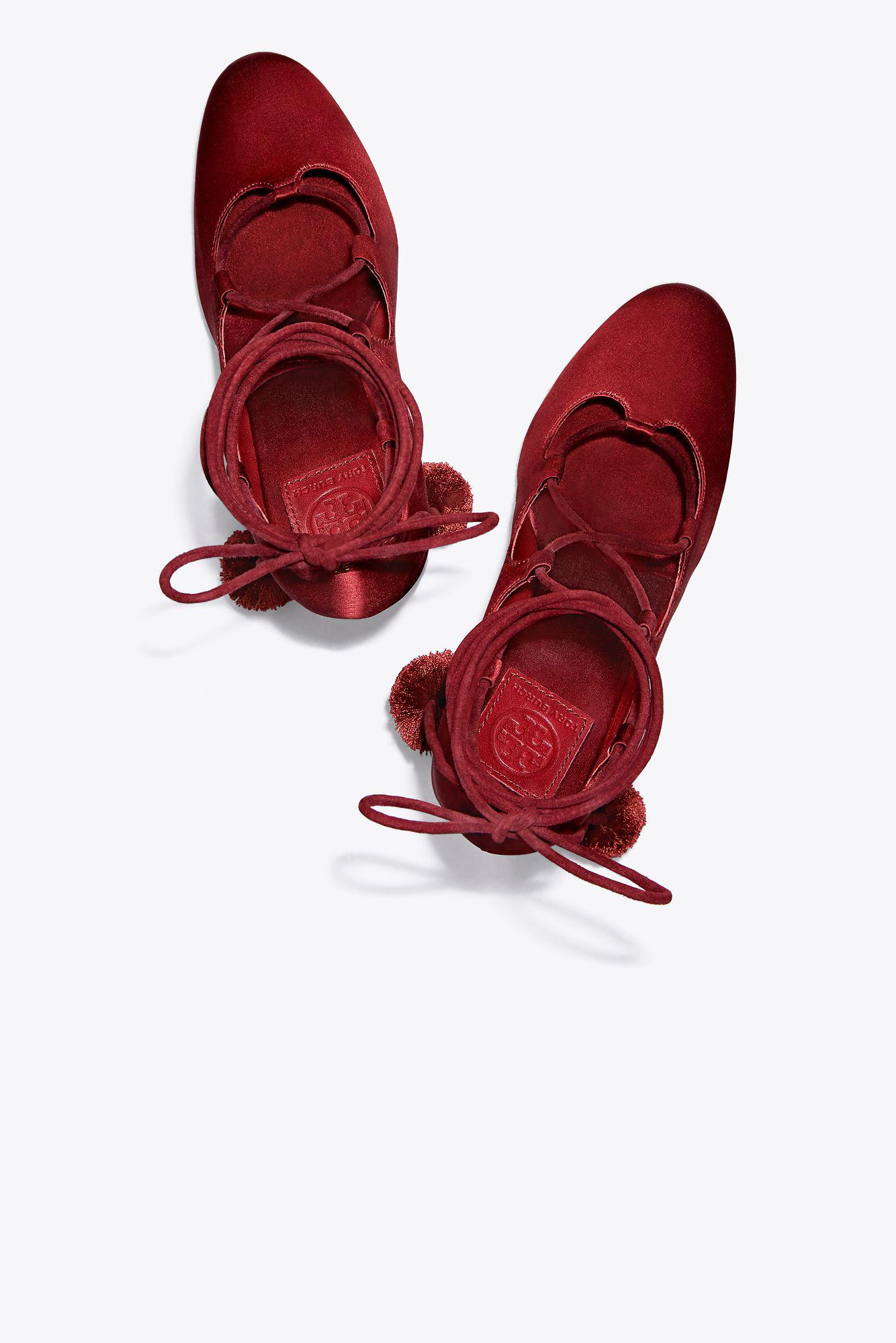 Tory Burch Pompom-embellished Lace-up Satin Wedge Espadrilles Merlot in Red  | Lyst
