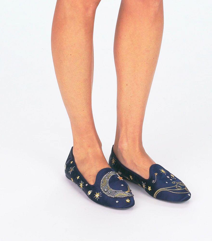 Tory Burch Satin Olympia Embroidered Loafer (perfect Navy) Shoes 