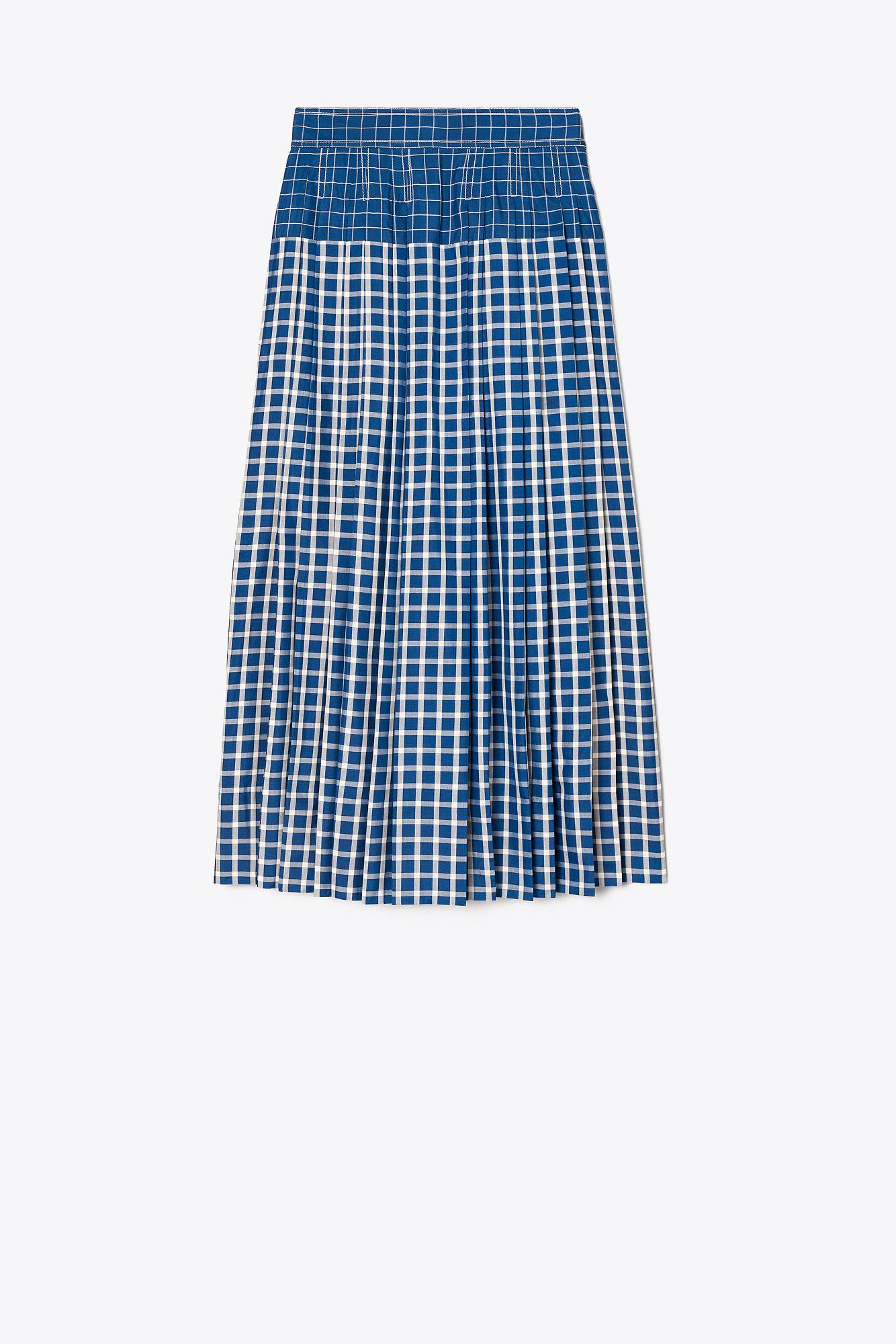Tory Burch Picnic Plaid Silk Pleated Skirt in Blue | Lyst