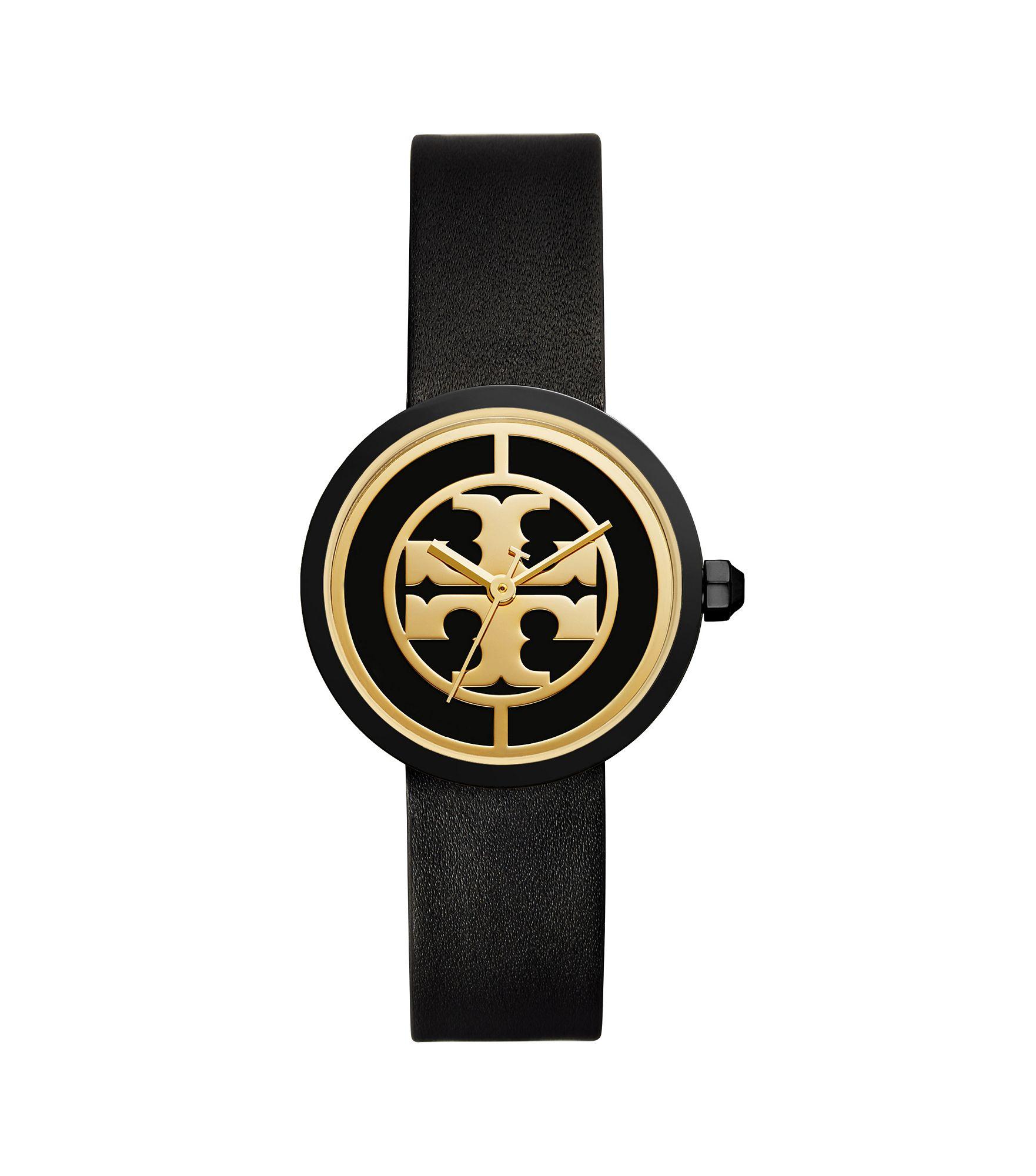 Tory Burch Reva Leather Watch in Black