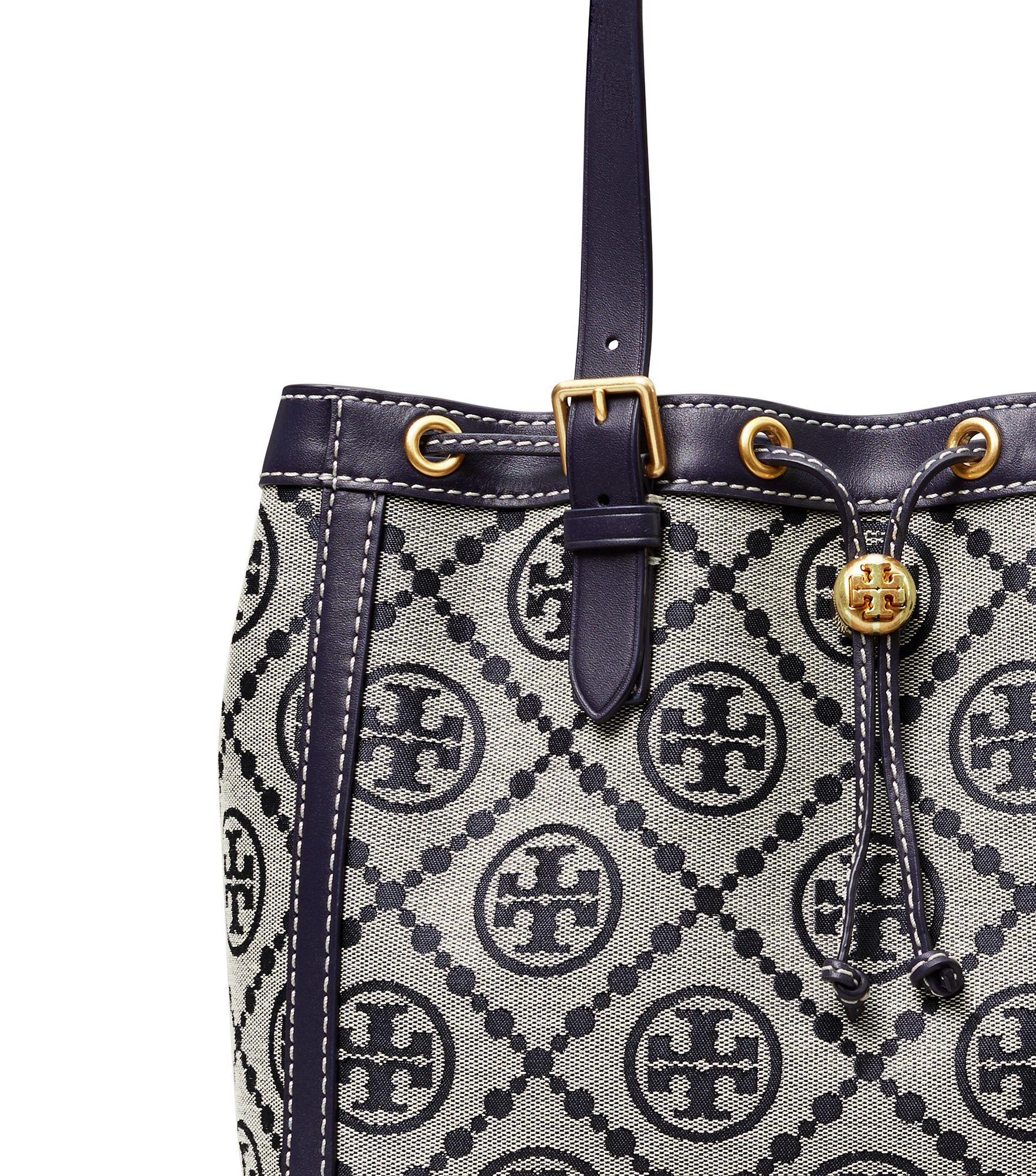 Tory Burch Leather T Monogram Jacquard Small Tote Bag in Navy Blue