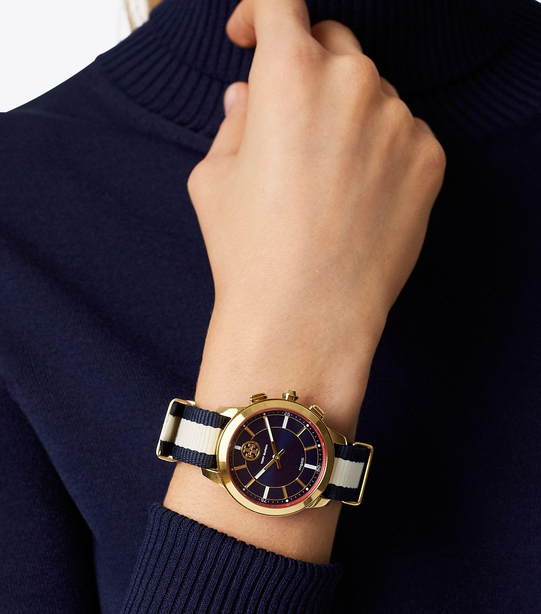 Tory Burch Synthetic Collins Hybrid Smartwatch, Navy/ivory/gold-tone ...