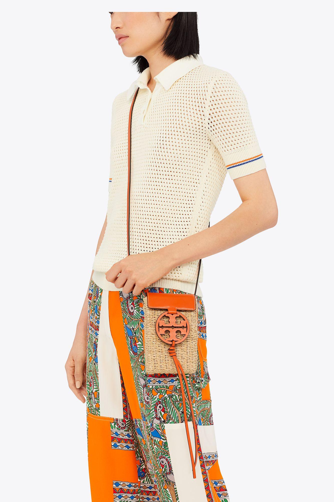 Tory Burch Miller Straw Phone Crossbody in Orange Lyst