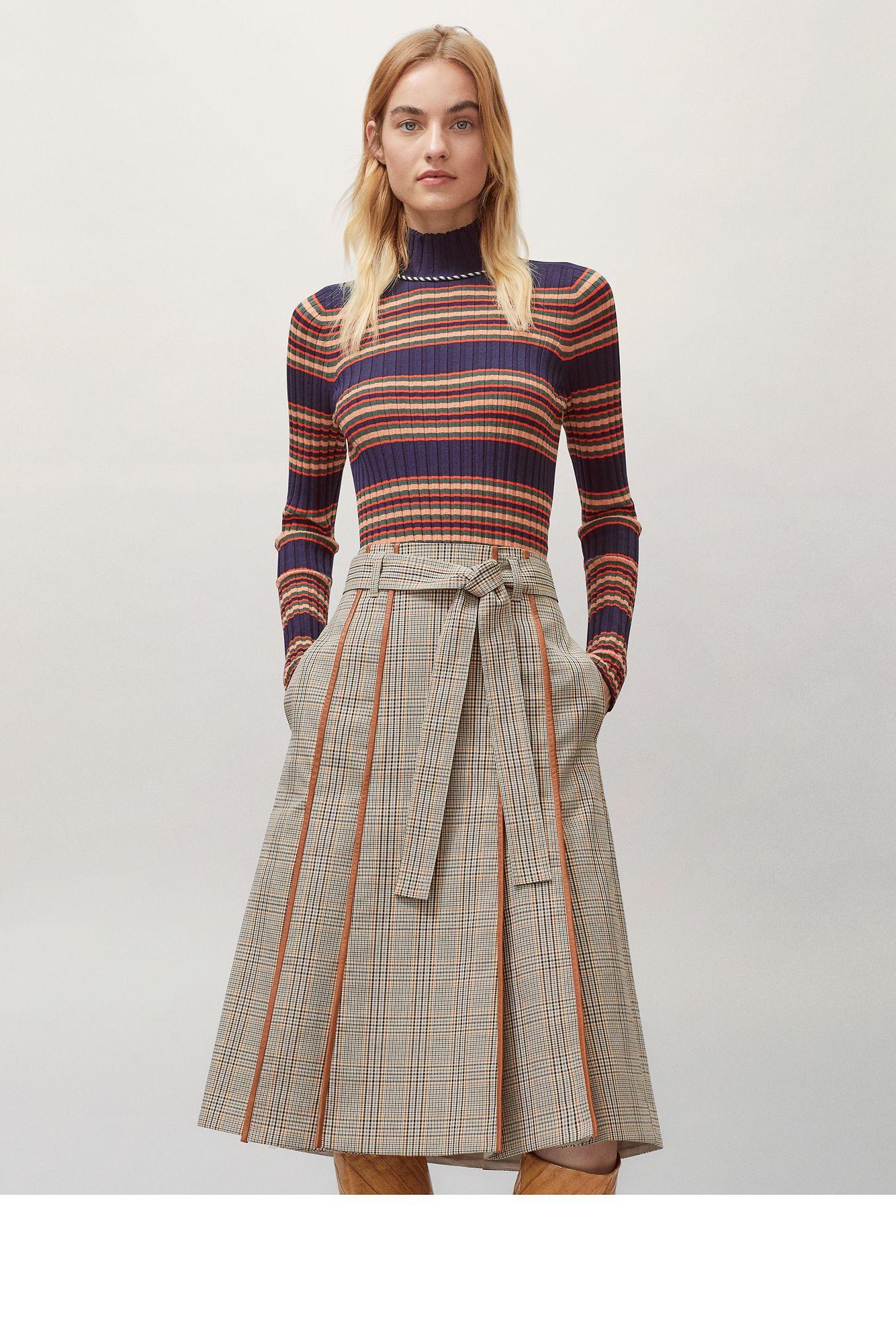 Tory Burch Plaid Pleated Skirt in Natural - Lyst