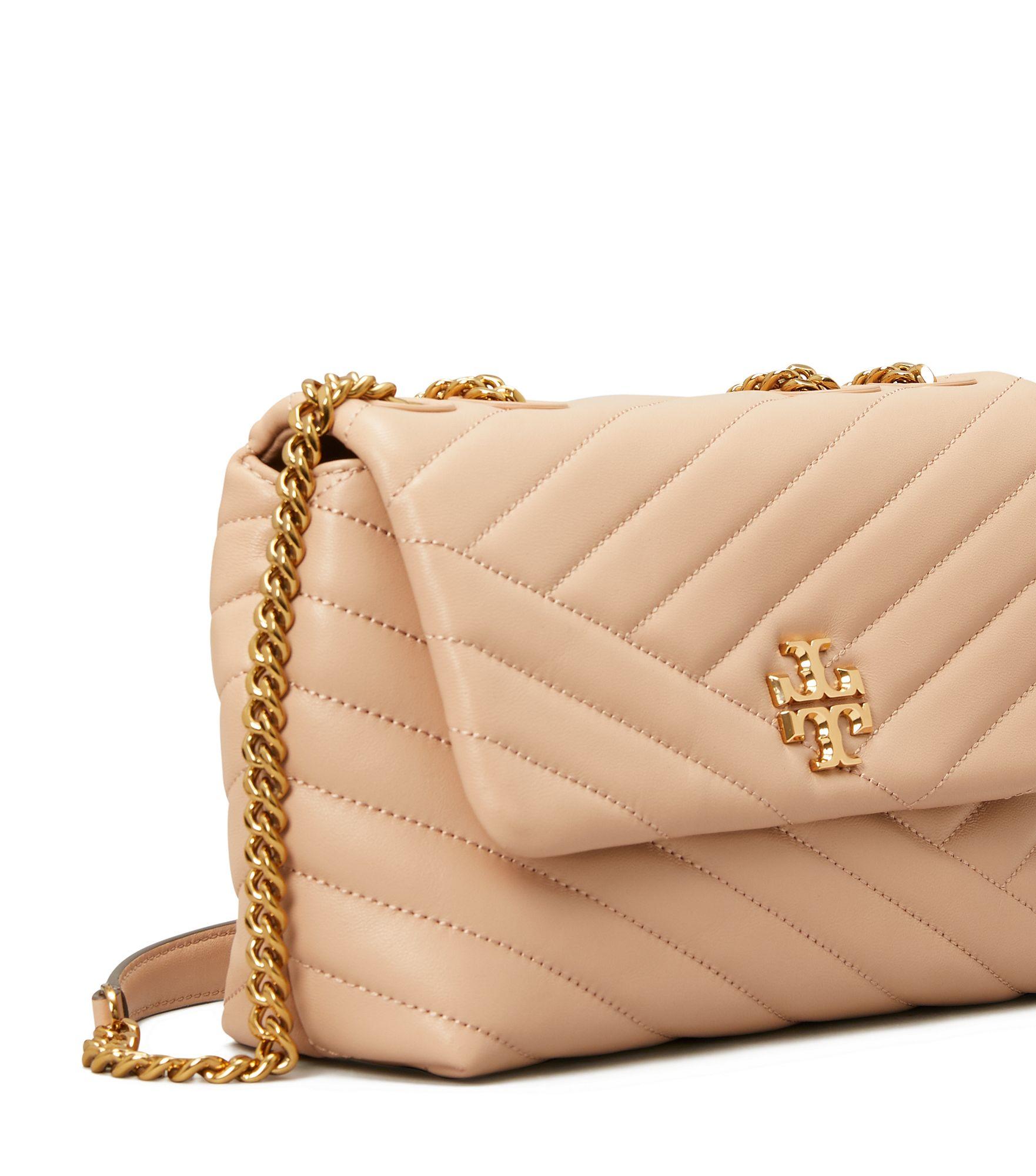Tory Burch Leather Kira Chevron Small Convertible Shoulder Bag in Beige