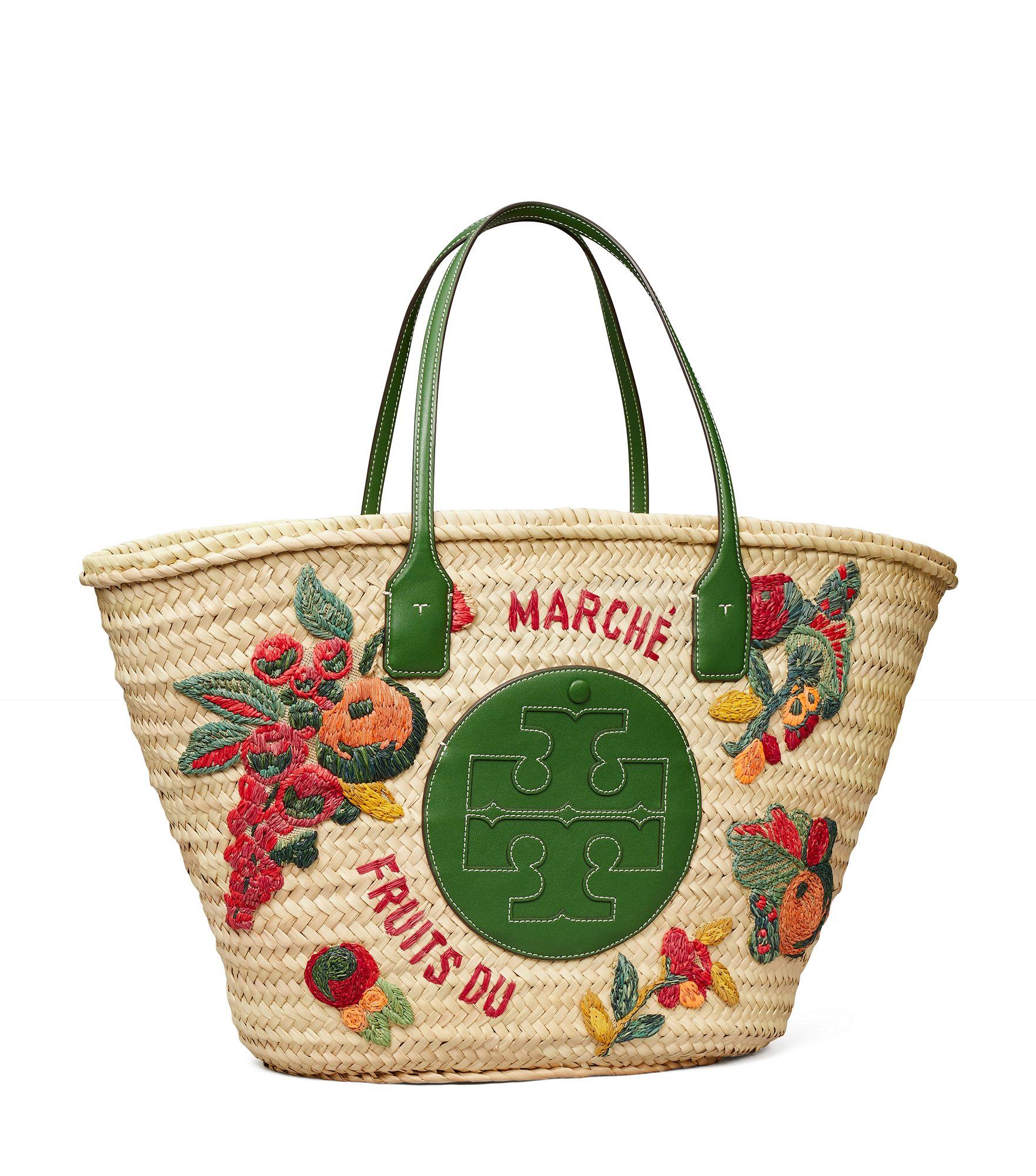 Tory Burch Ella Embroidered Straw Basket Tote Bag in Green | Lyst