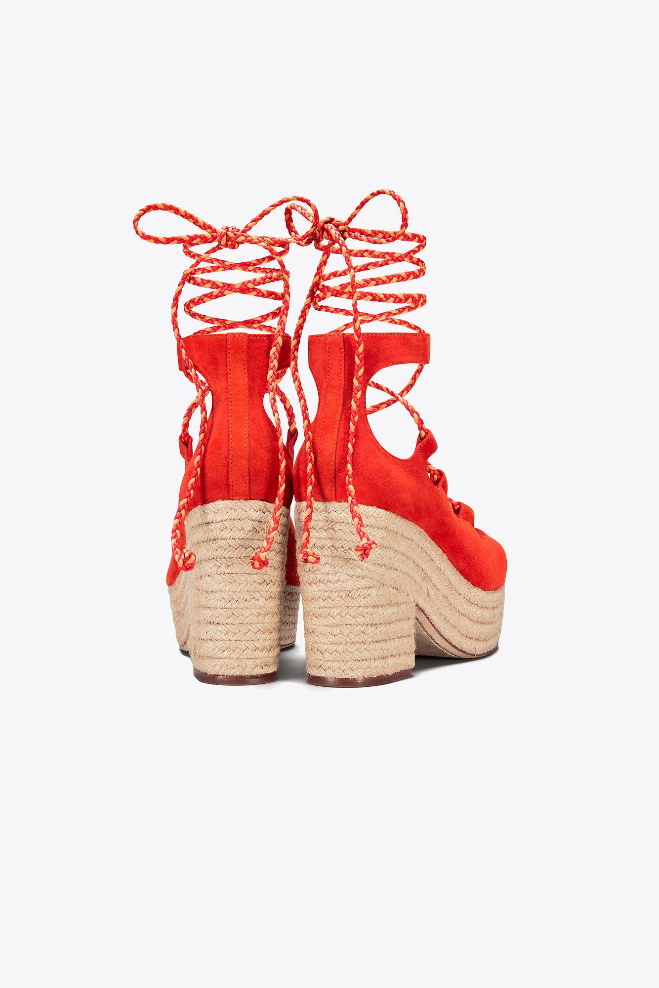 Tory Burch Suede Positano Lace-up Platform Espadrille in Poppy 