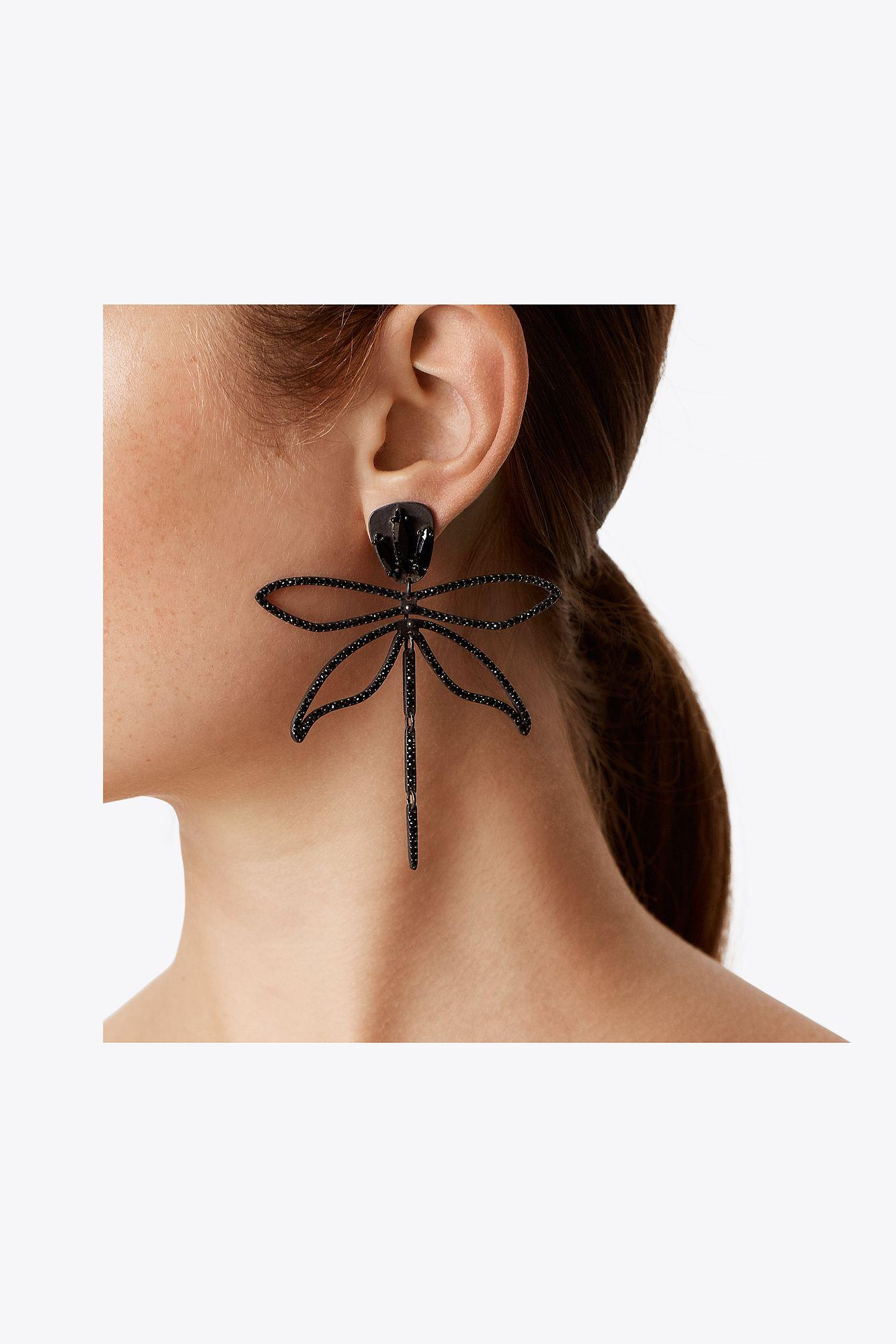 Tory Burch Embellished Articulated Dragonfly Earring in Black | Lyst