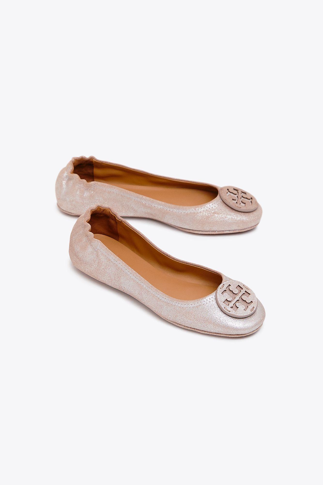 Tory Burch Minnie Travel Ballet Flats, Metallic Suede - Lyst