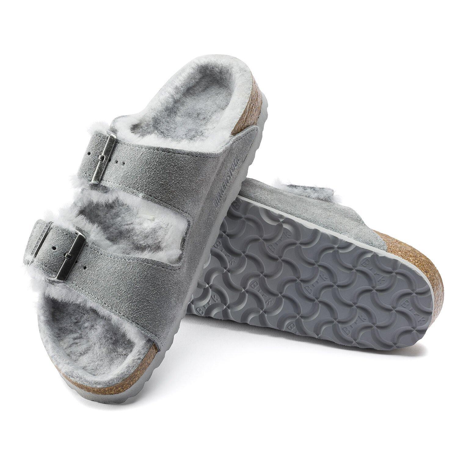 grey fluffy birkenstocks