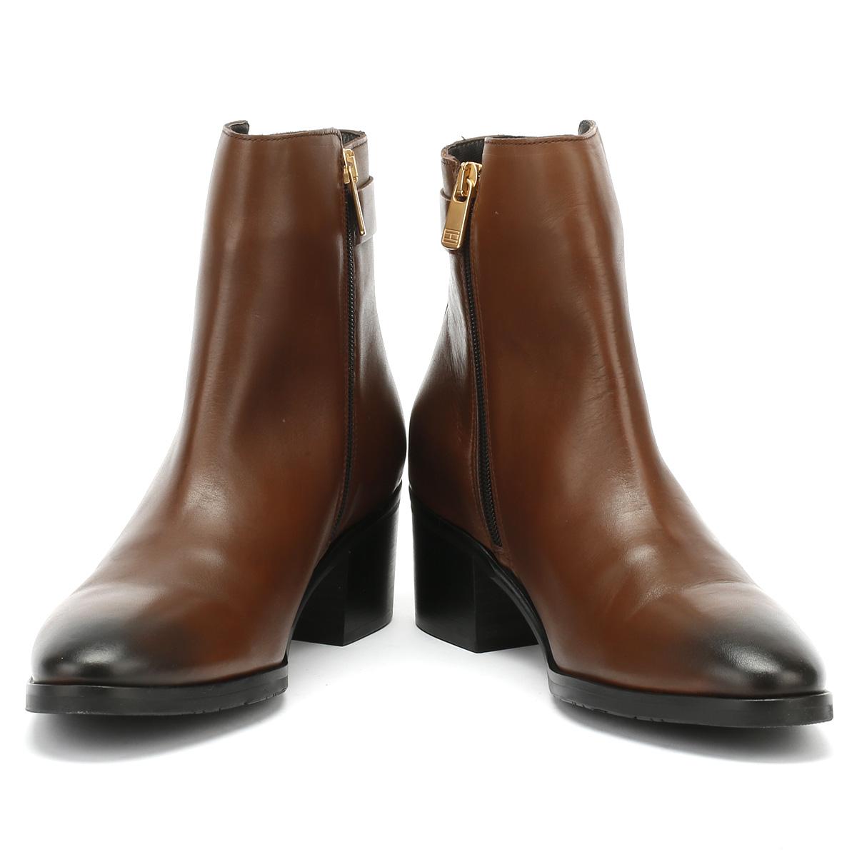 tommy hilfiger th buckle mid heel boot leather