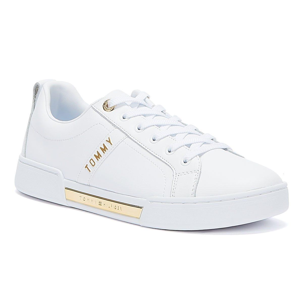 Tommy Hilfiger Leather Gold Tone Detailing Womens White Trainers - Lyst
