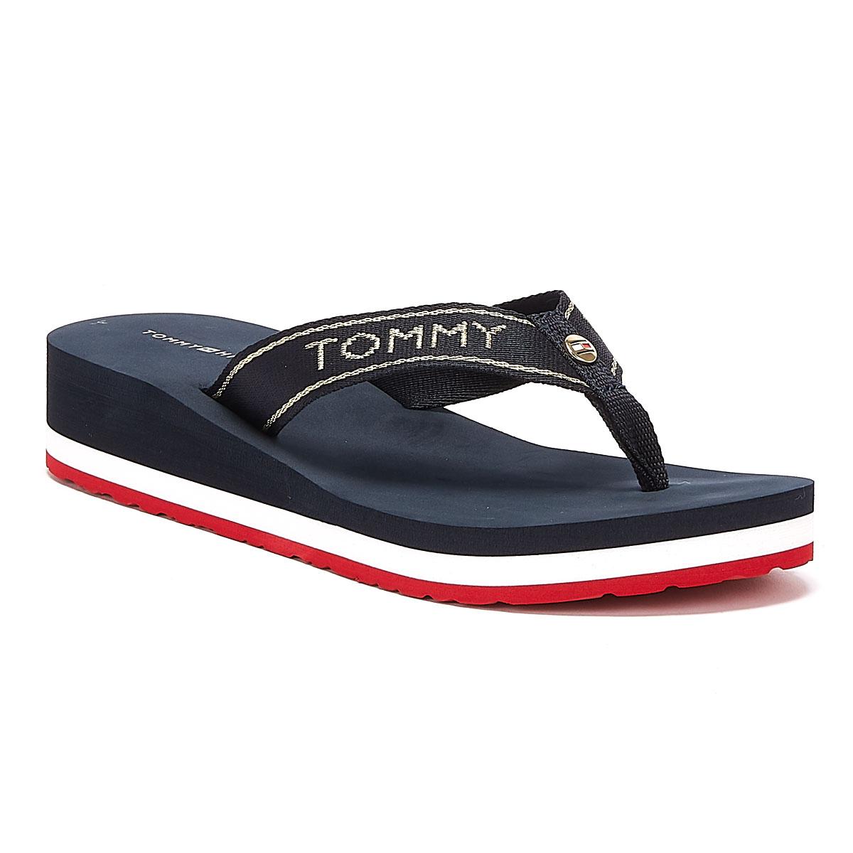 Tommy Hilfiger Rubber Metallic Womens Navy Wedge Flip Flops in Blue Lyst