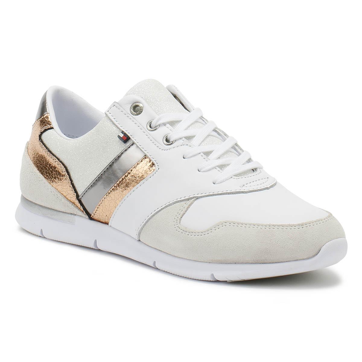 women's white and rose gold trainers