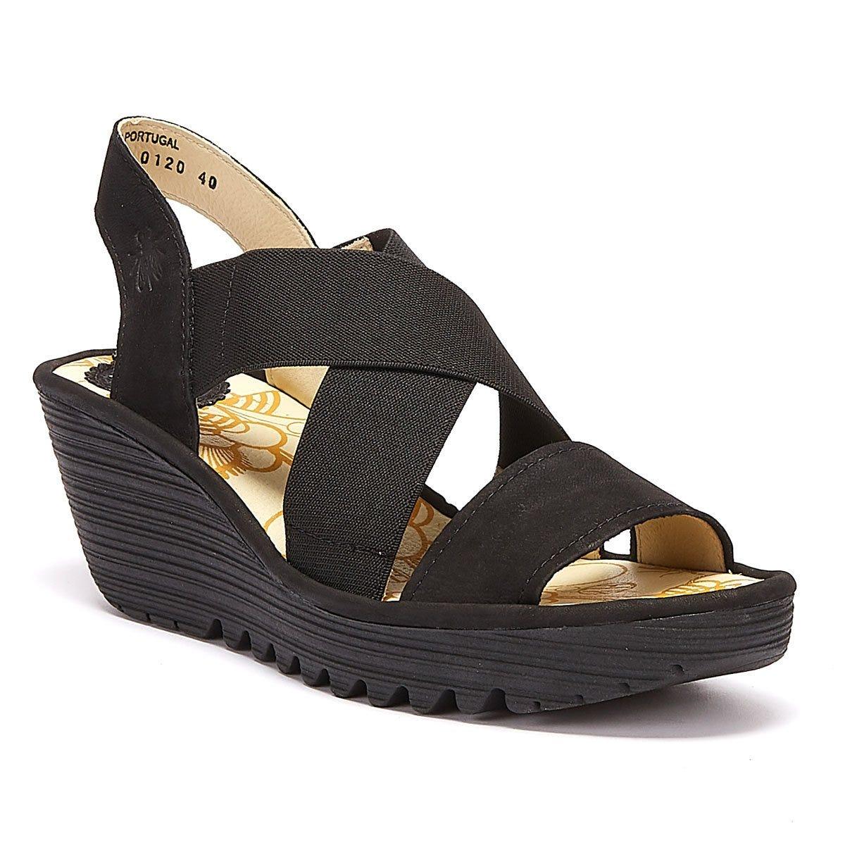 Fly London Yaji Womens Wedge Heel Sandals in Black Leather (Black