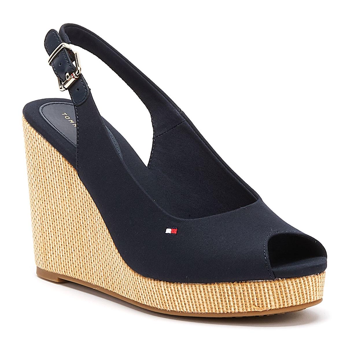 Tommy Hilfiger Canvas Iconic Elena Sling Back Womens Navy Wedge Sandals ...