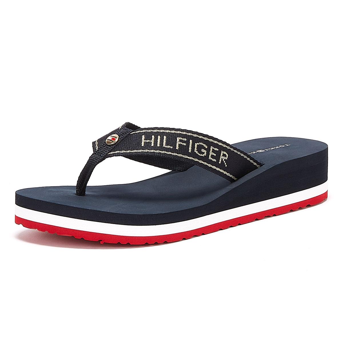 Tommy Hilfiger Rubber Metallic Womens Navy Wedge Flip Flops in Blue - Lyst