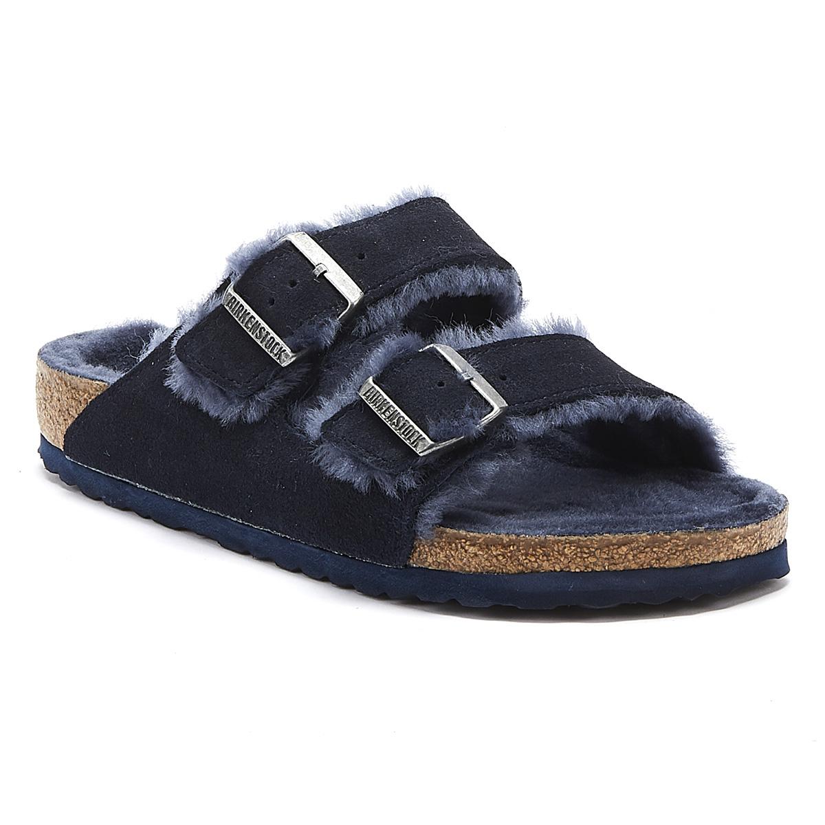 navy shearling birkenstocks