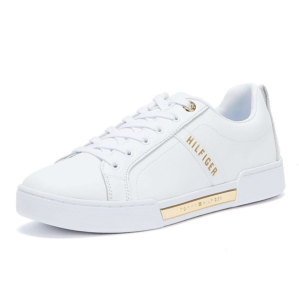 Tommy Hilfiger Leather Gold Tone Detailing Womens White Trainers - Lyst