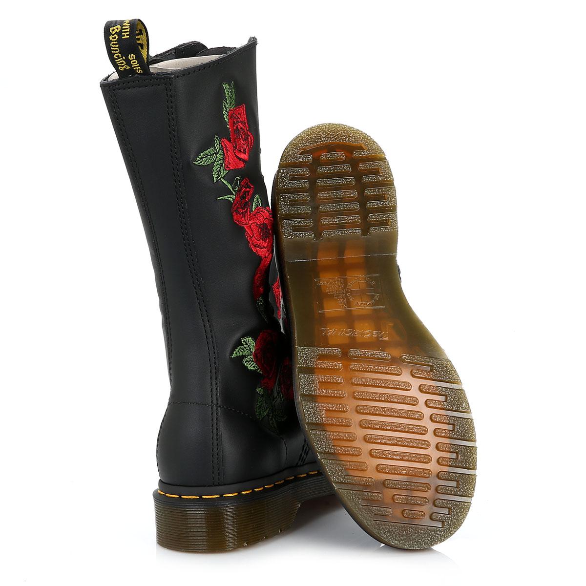 Dr. Martens Leather Dr. Martens Vonda Embroidered Rose Womens Black Mid