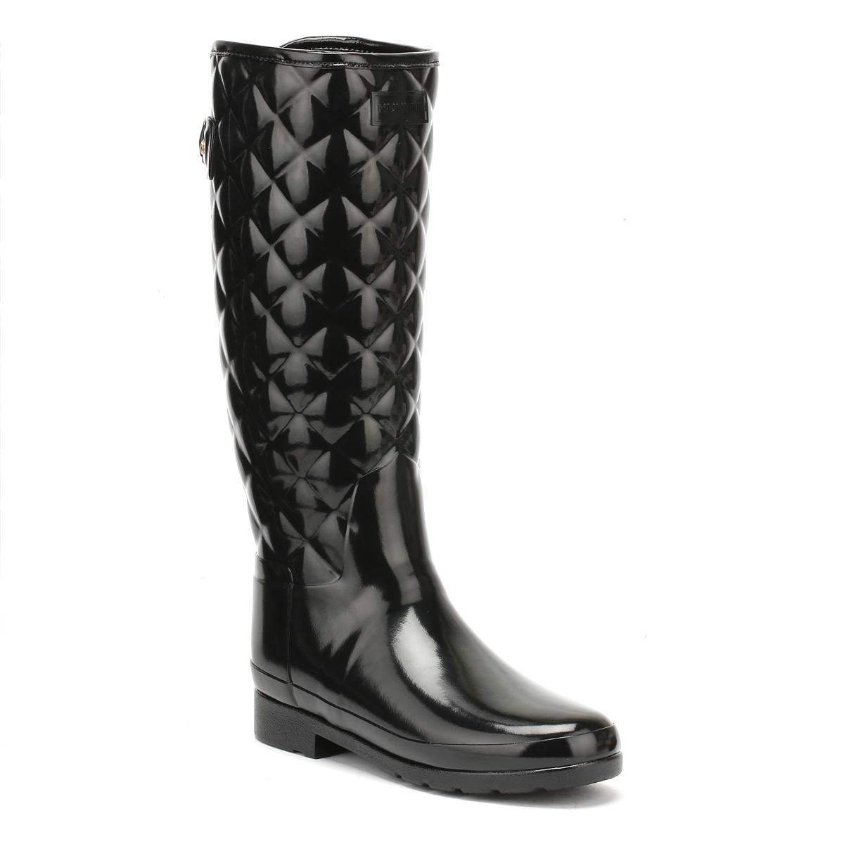 HUNTER Rubber Original Womens Refined Tall Quilted Gloss Black ...