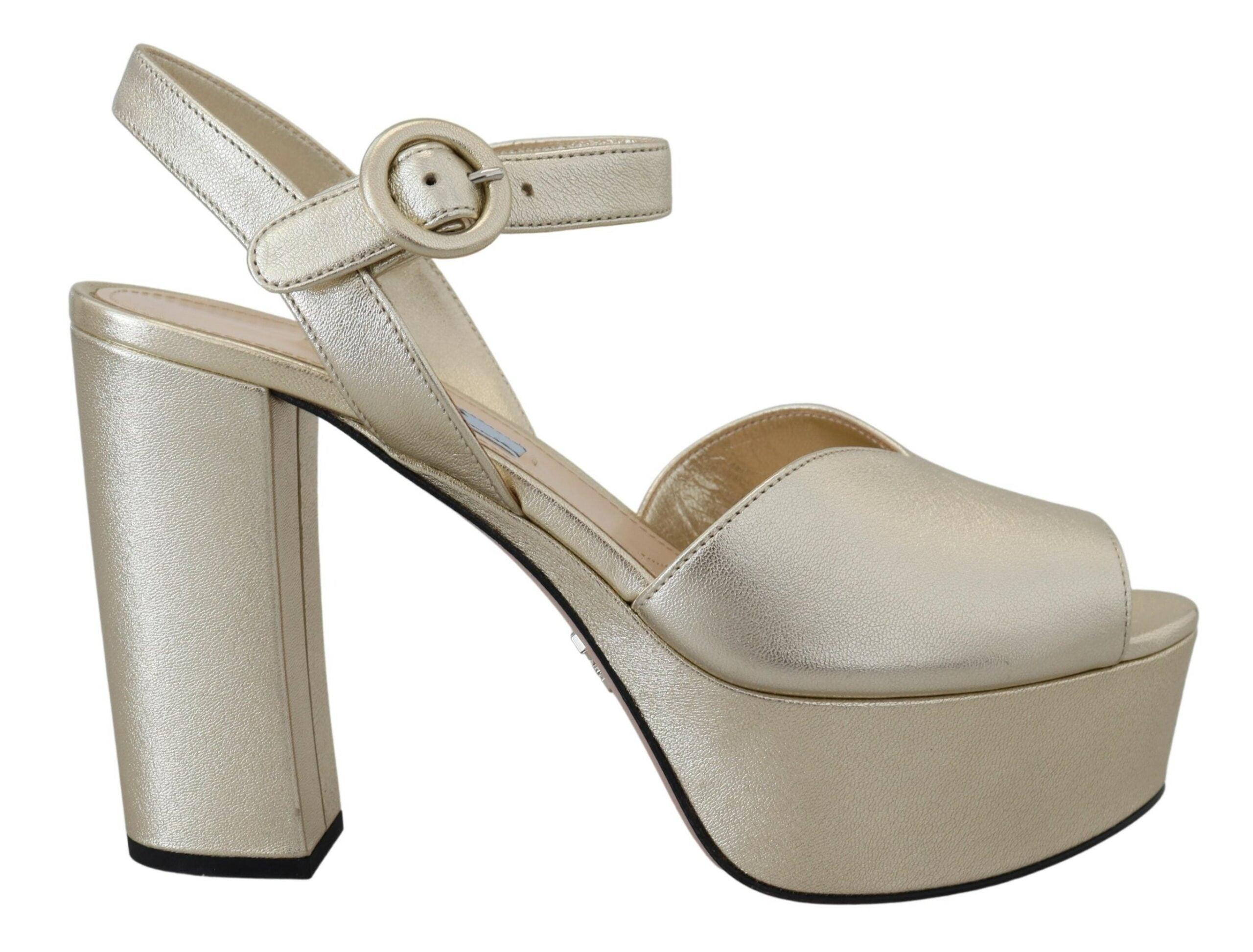 Prada Gold Nappa Leather Sandals Ankle Strap Heels Shoes in Metallic | Lyst