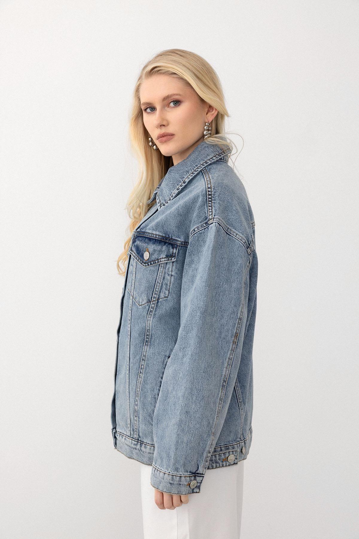 Oversize Jeansjacke Jeansjacke Fellkragen Damen Graue Jeansjacke