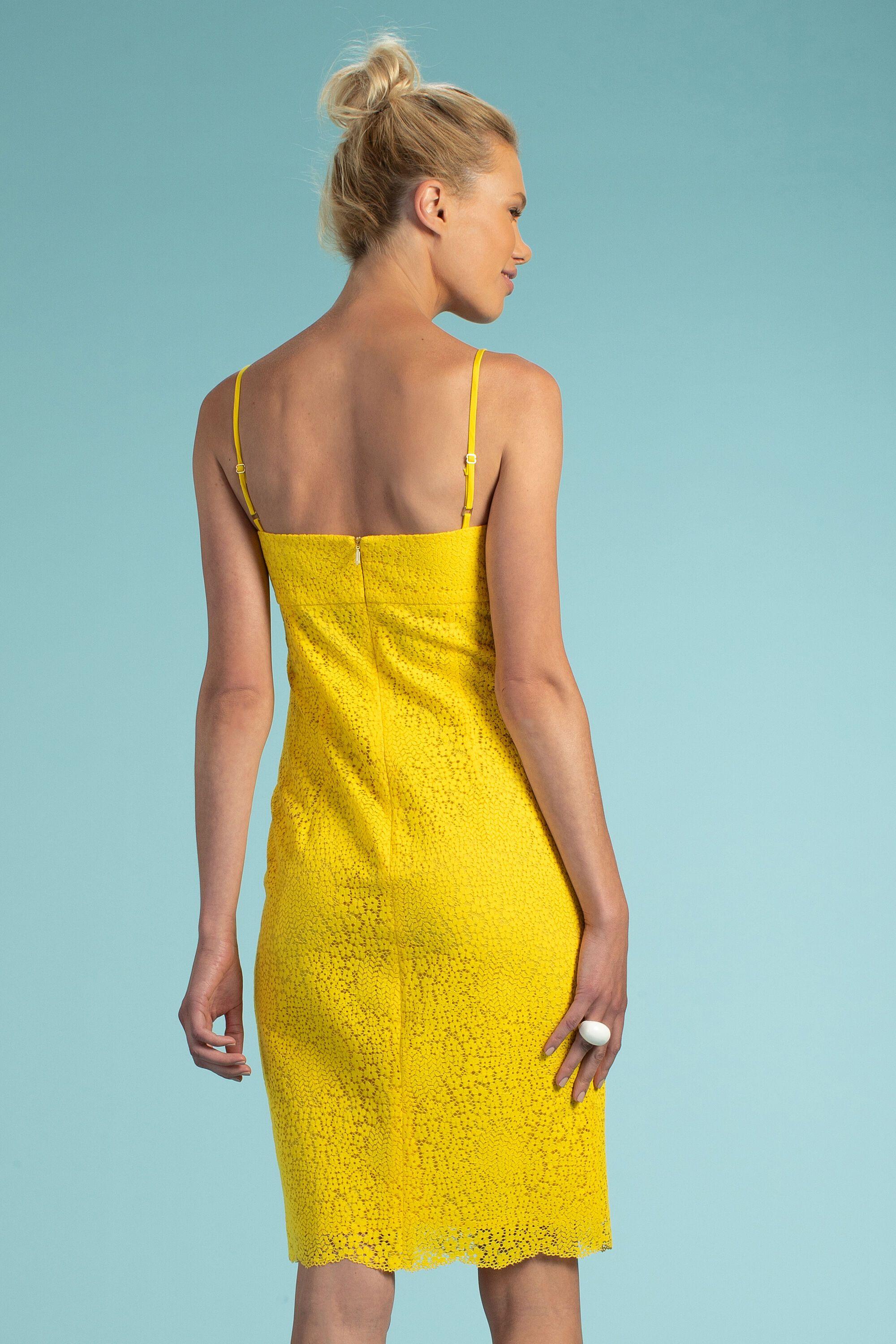 Trina Turk Bright Florallace Sleeveless Cocktail Dress With Bow Detail in Lemon Yellow (Yellow