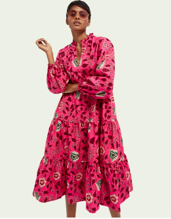 Scotch & Soda Hot Pink Long Sleeve Floral Print Voluminous Midi Dress | Lyst