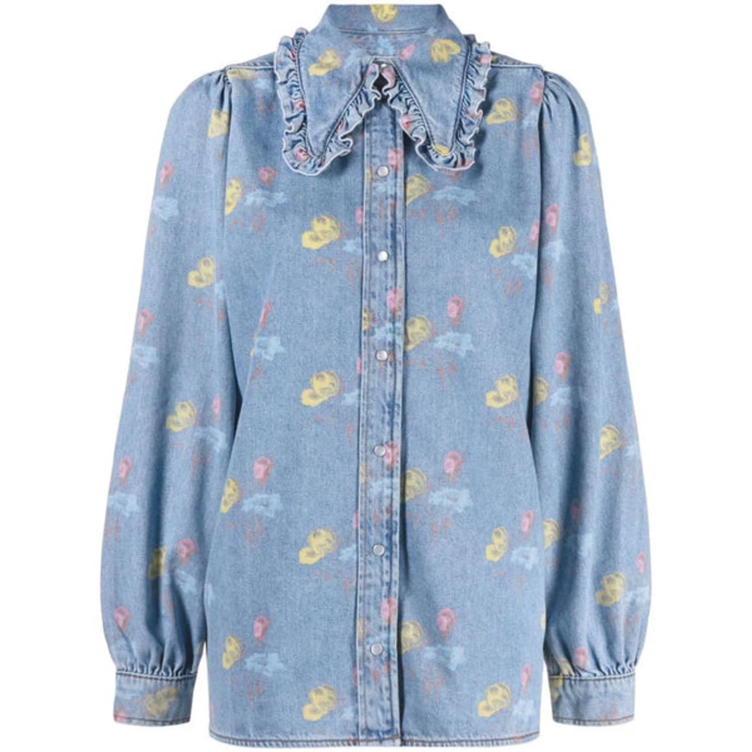 Ganni Ruffle-collar Floral Denim Shirt 