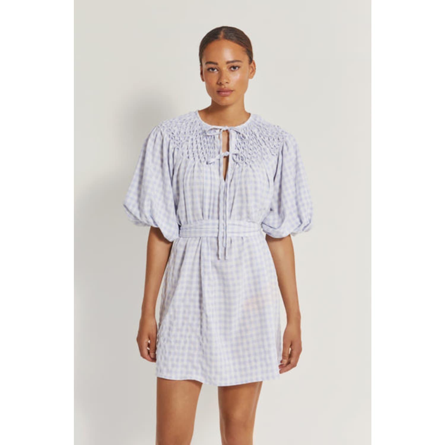 By Malina Blue Check Aline Kaftan Dress in White | Lyst