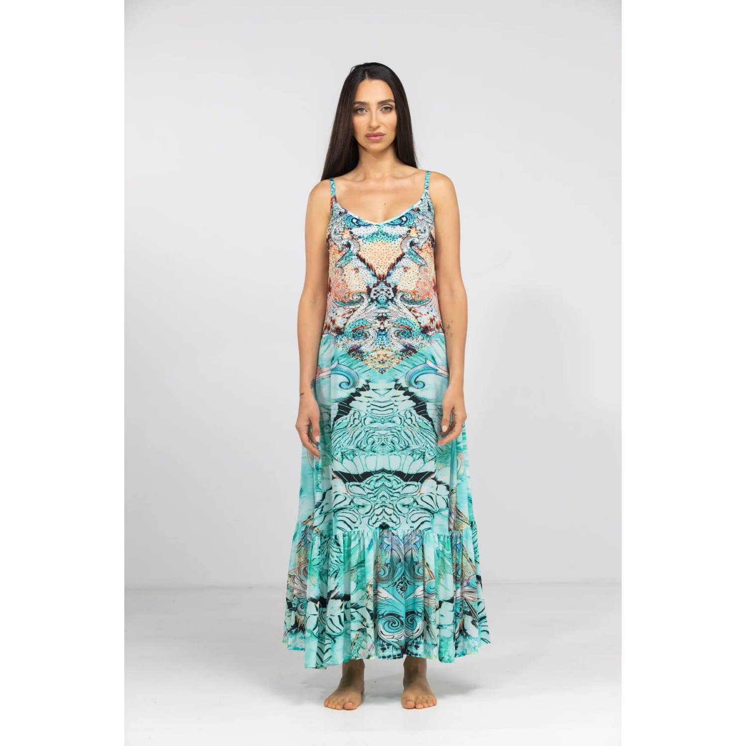 Inoa Turquoise Fashion Silk Maxi Dress With Frill Strap Gold Coast Print in  Blue | Lyst