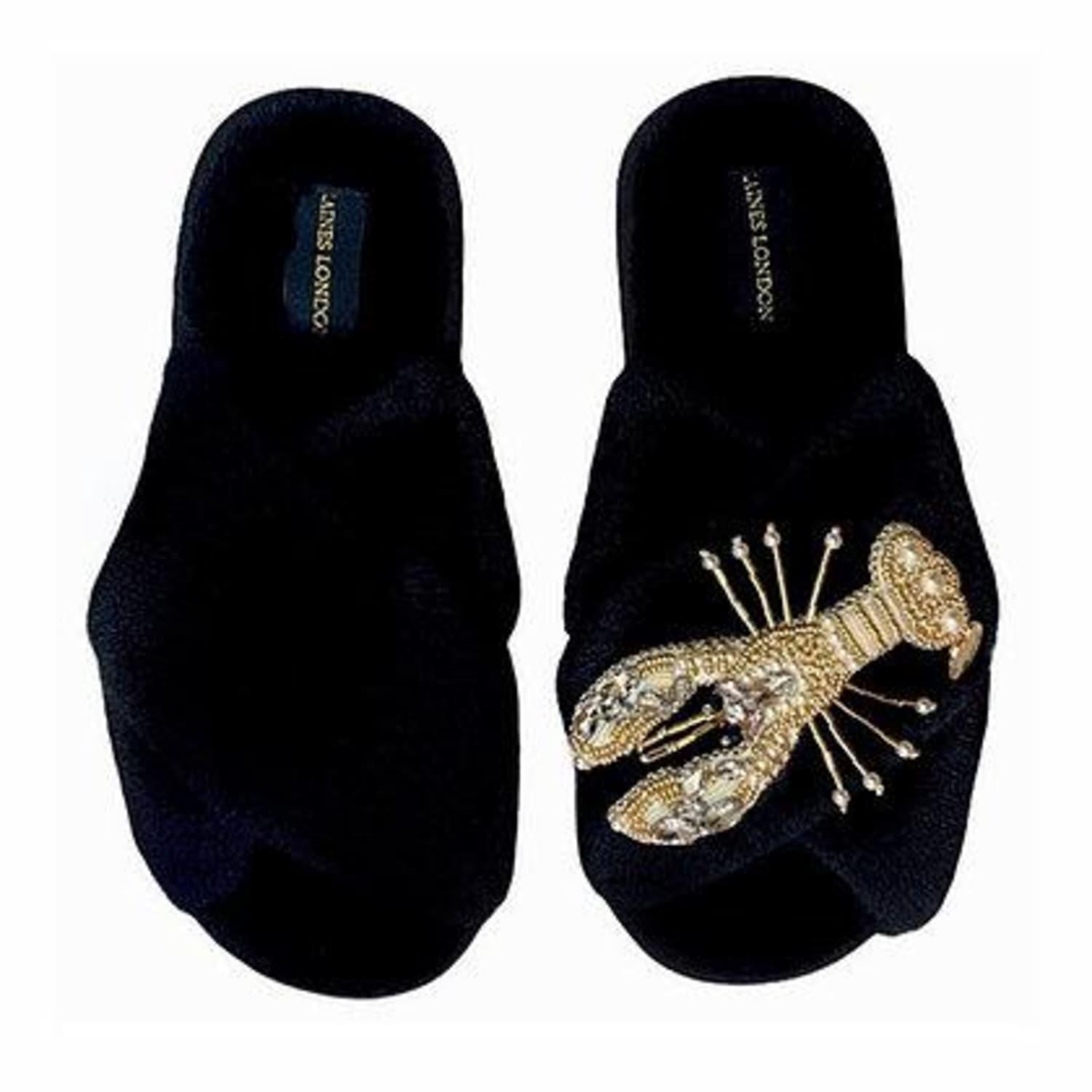 Laines London London Fluffy Slippers With Gold And Pearl Lobster Brooch ...