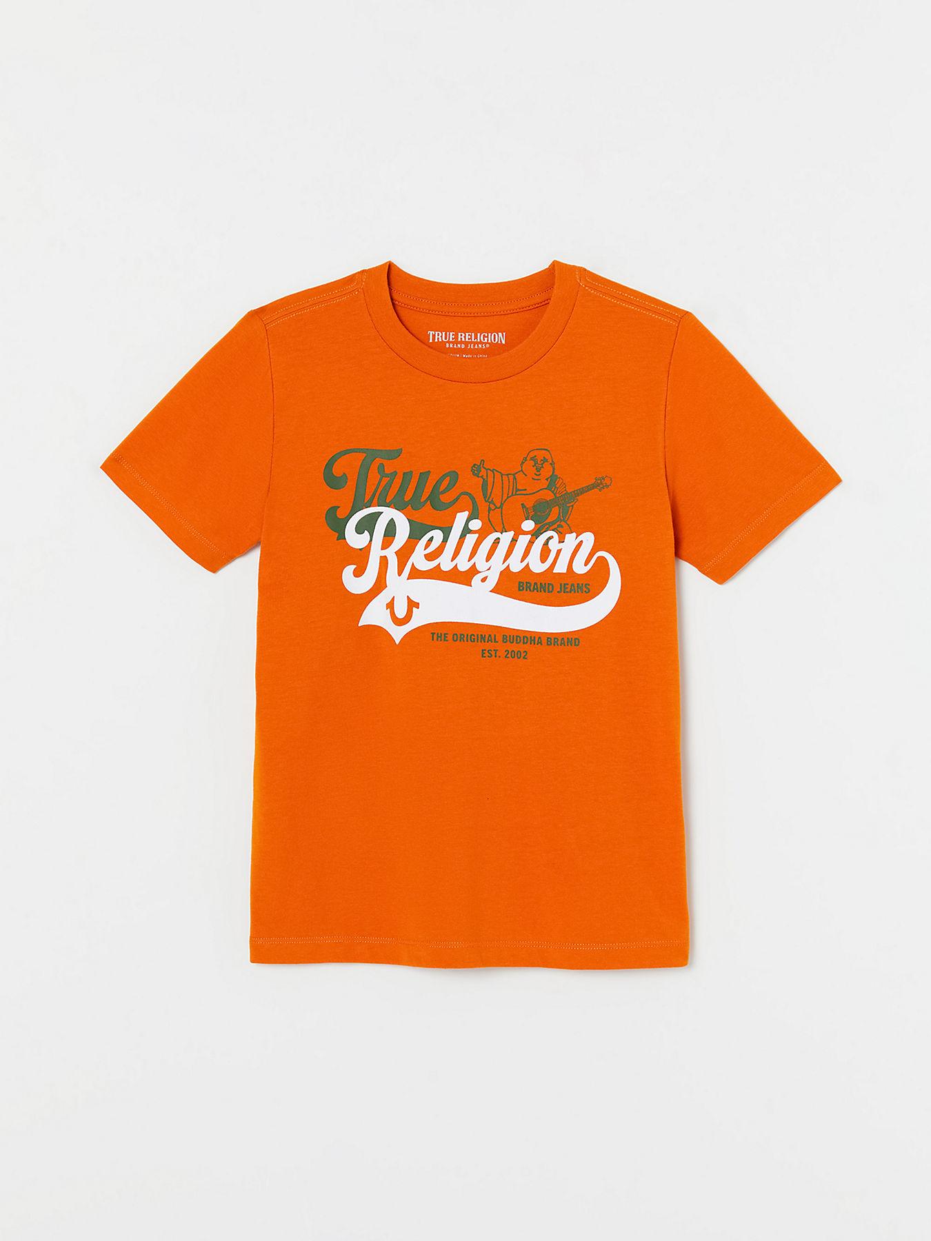 white and orange true religion shirt