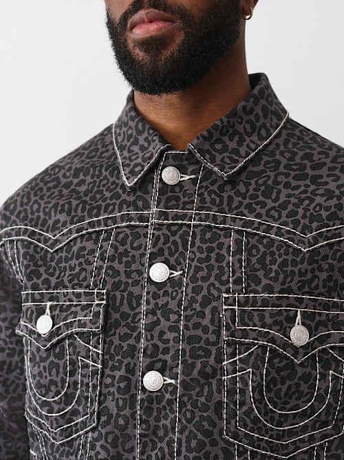 TRUE RELIGION Jimmy Oversized Leopard Big T Denim Jacket in Black