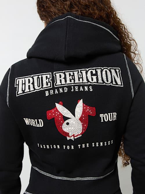 TRUE RELIGION Playboy X Crystal Crop Zip Hoodie in Black Lyst